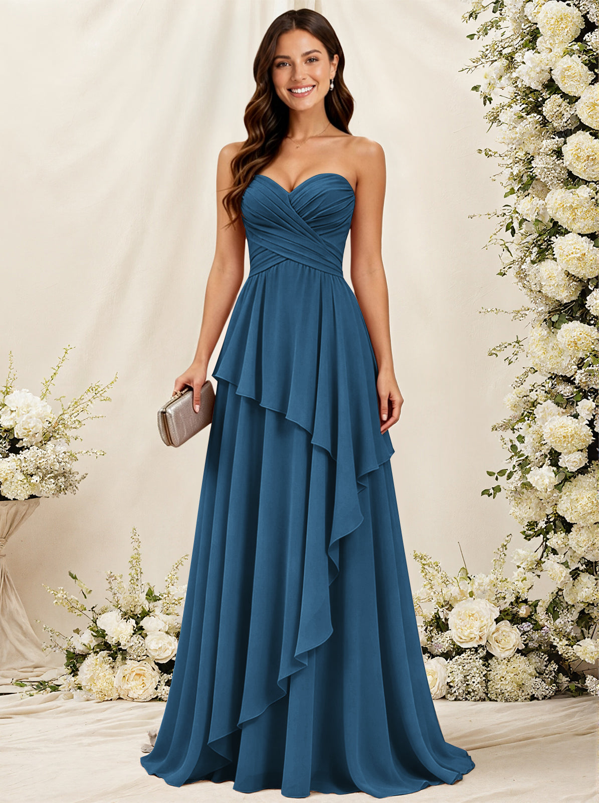 Strapless Sweetheart Neck Chiffon Bridesmaid Dress with Tiered Ruffles