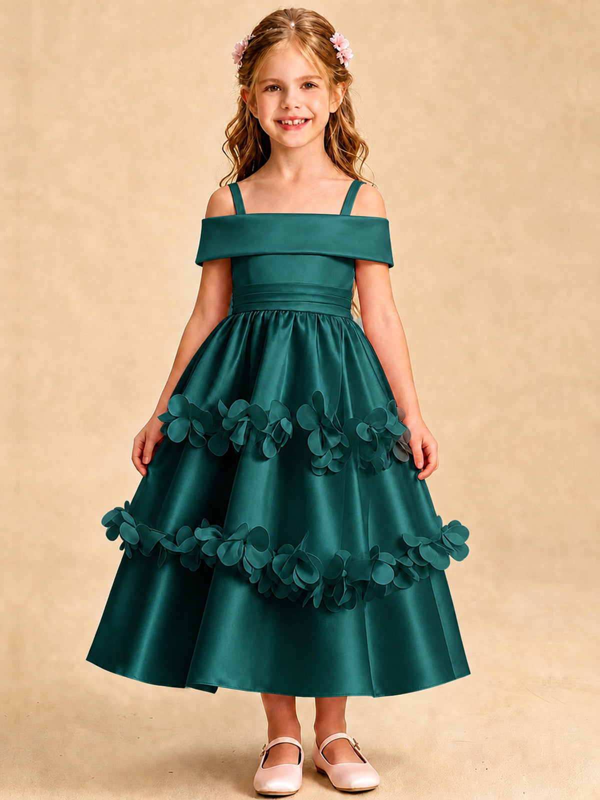 Blush Pink 3D Floral Satin Off Shoulder Flower Girl Dress