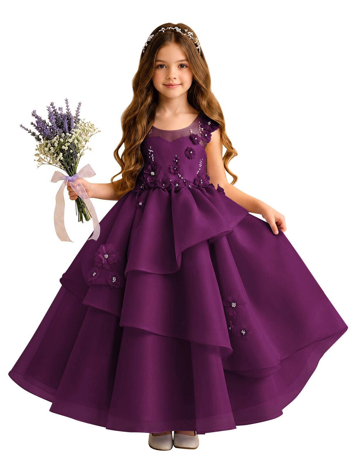 Lilac Oganza Flower Girl Dress with Sweetheart Neckline