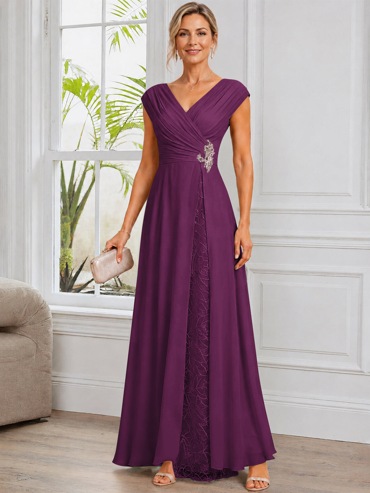 Cap Sleeve Leaf Lace Chiffon Long Mother of The Bride Dress with Beads
