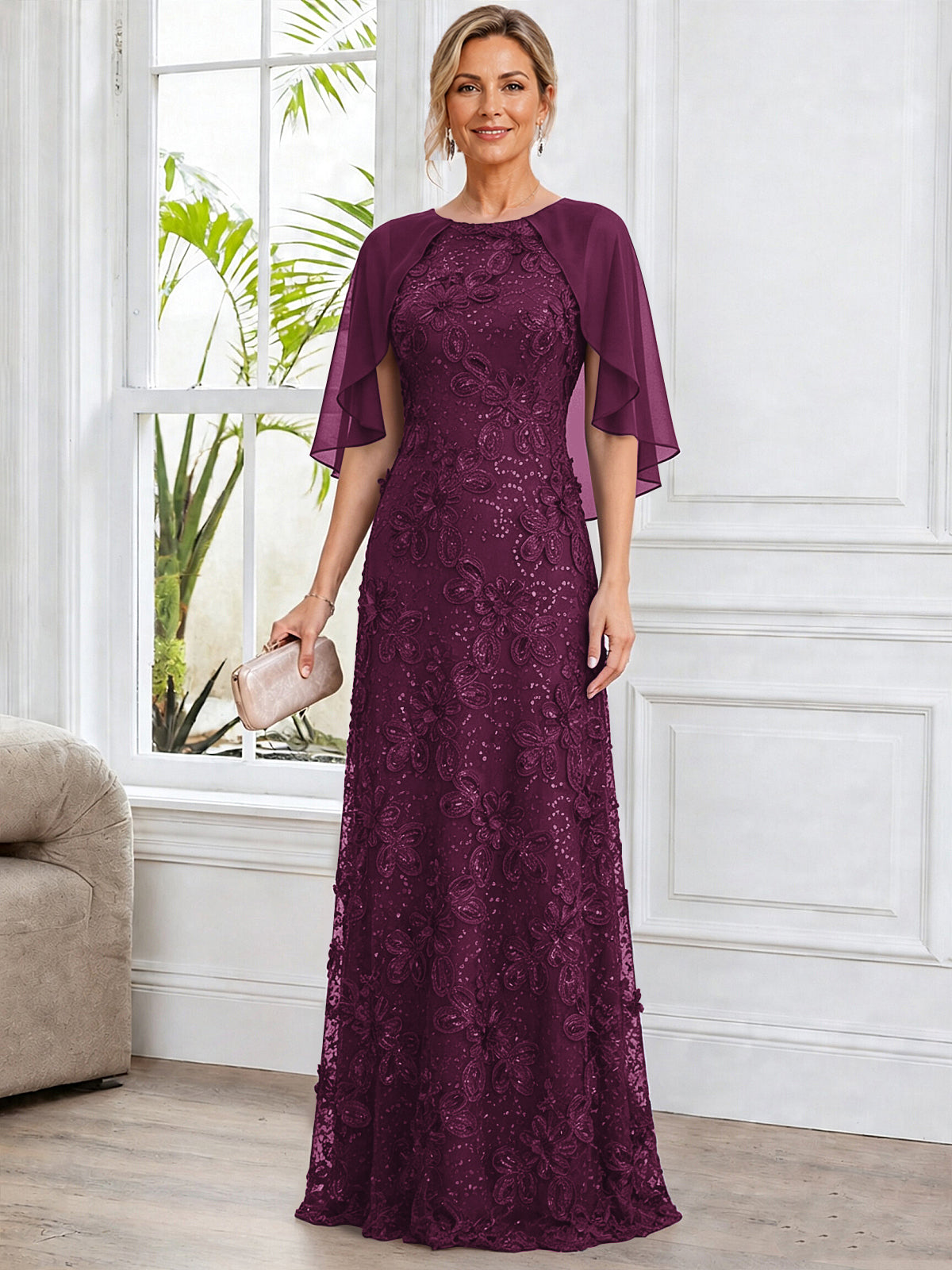 A-Line Lace Applique Scoop Neck Mother of The Bride Dress with Cape