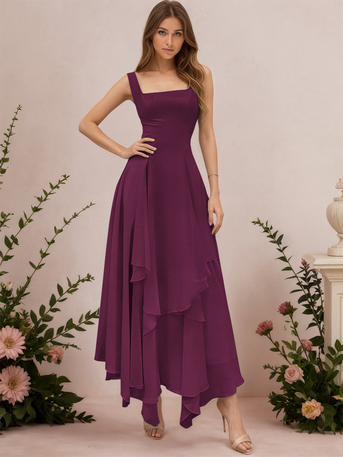 A-Line Tiered Ruffles Chiffon Bridesmaid Dress