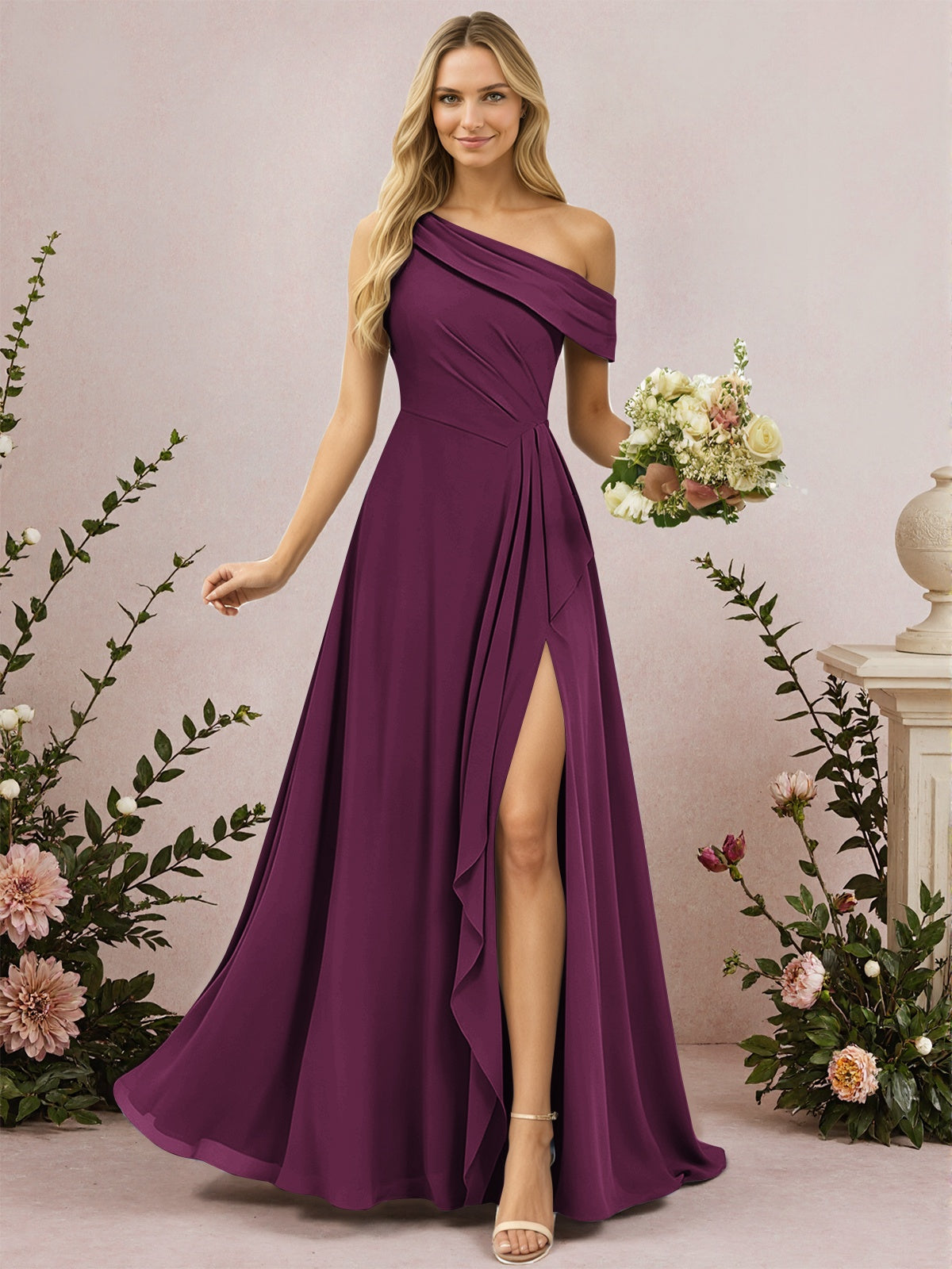 One Shoulder A-Line Chiffon Bridesmaid Dress with Slit