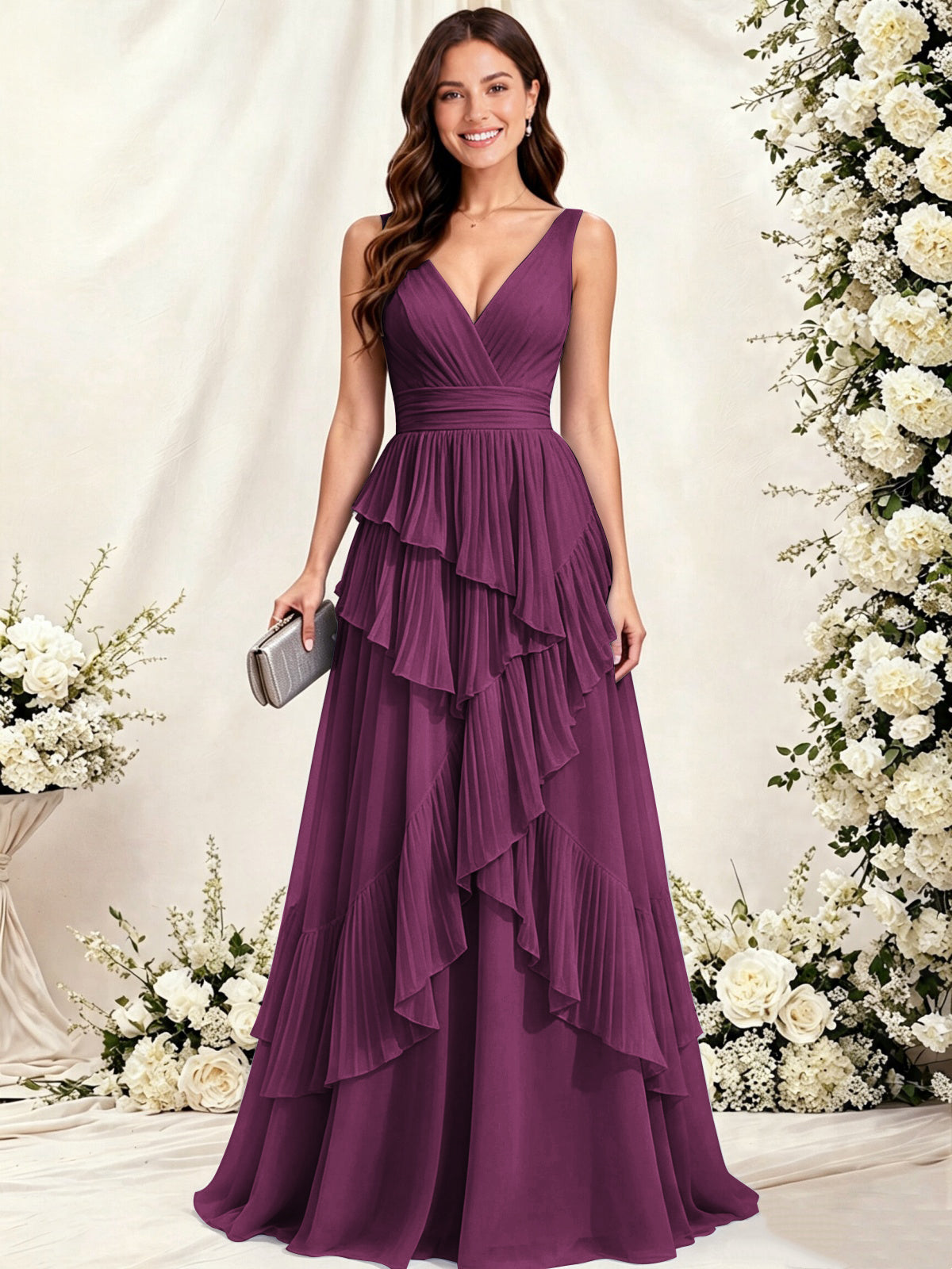 V Neck Tiered Ruffles A-Line Chiffon Bridesmaid Dress