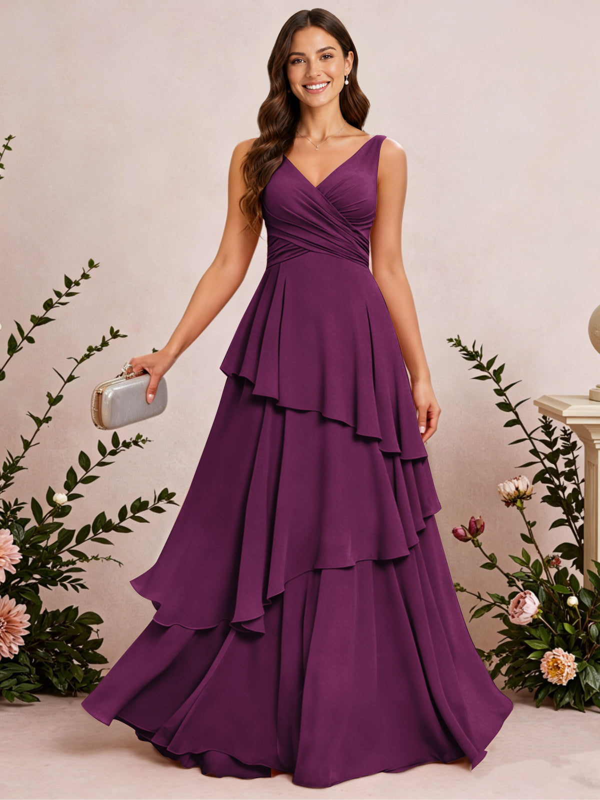 V Neck Tiered Ruffles Chiffon Long Bridesmaid Dress