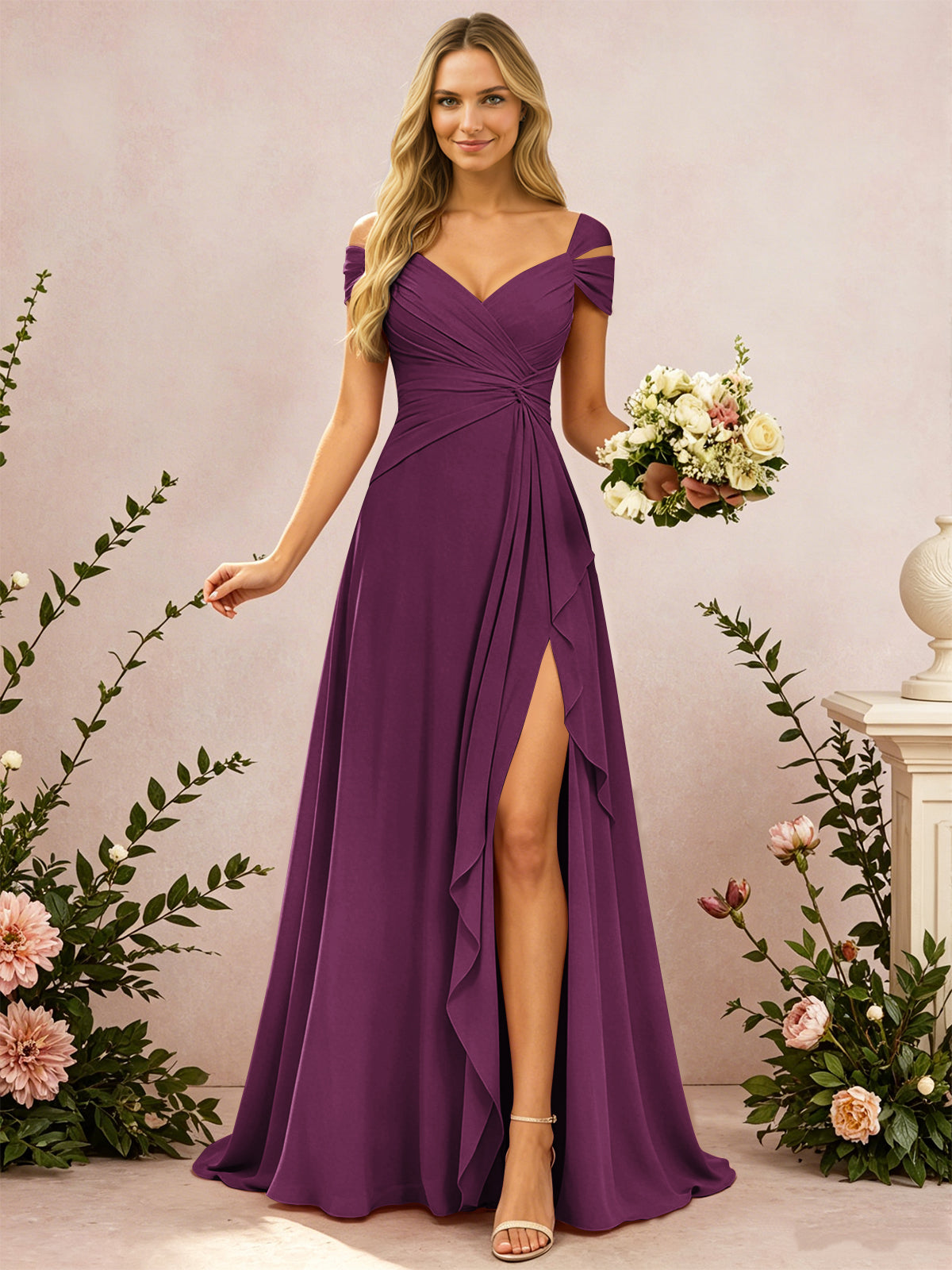 Cold Shoulder Pleated Chiffon Bridesmaid Dress with Side Slit