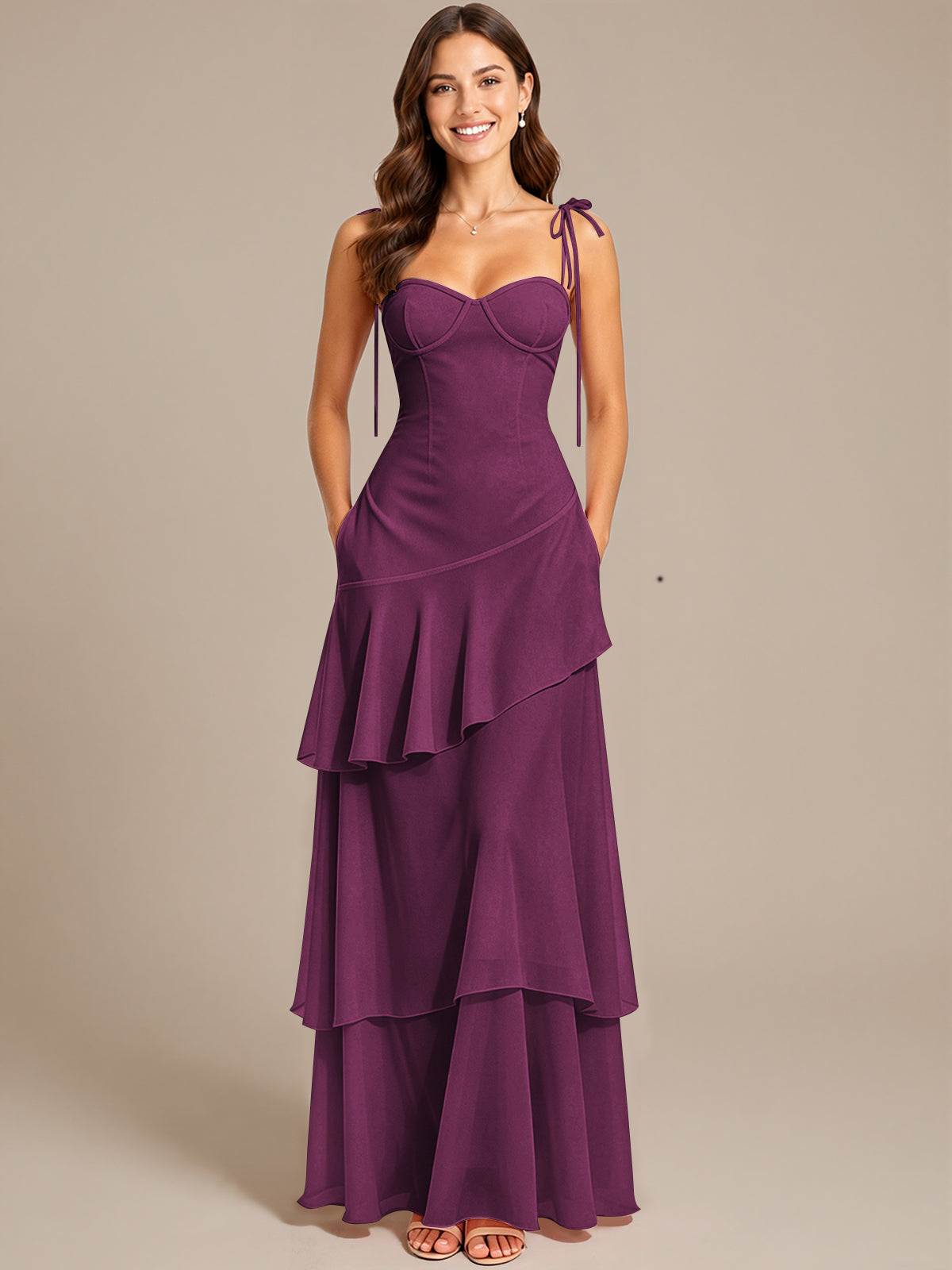 Spaghetti Strap Tiered Ruffles Chiffon Prom Dress