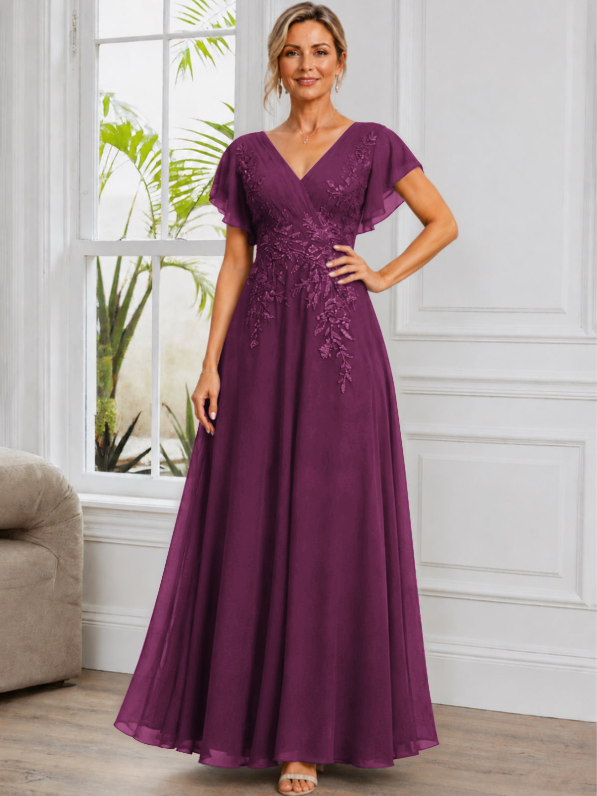 V-Neck Lace Applique Chiffon Long Mother of The Bride Dress