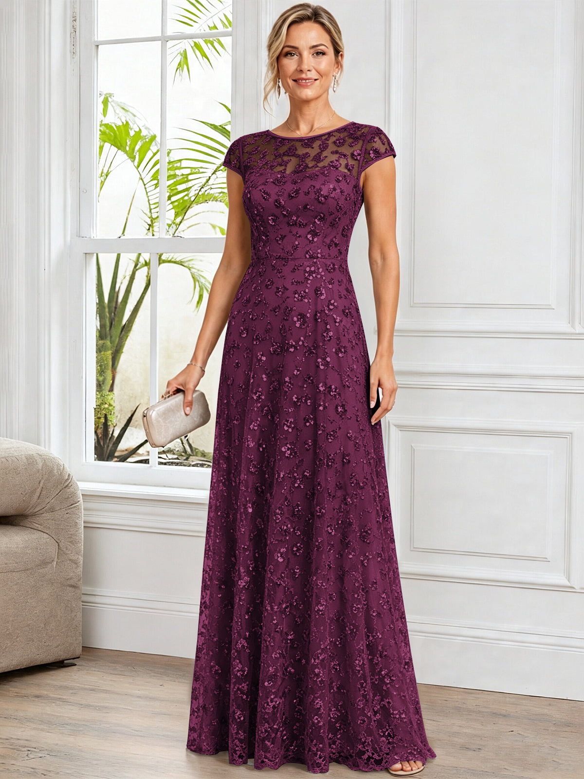 A-Line Illusion Scoop Neck Tulle Mother of The Bride Dress with Beads