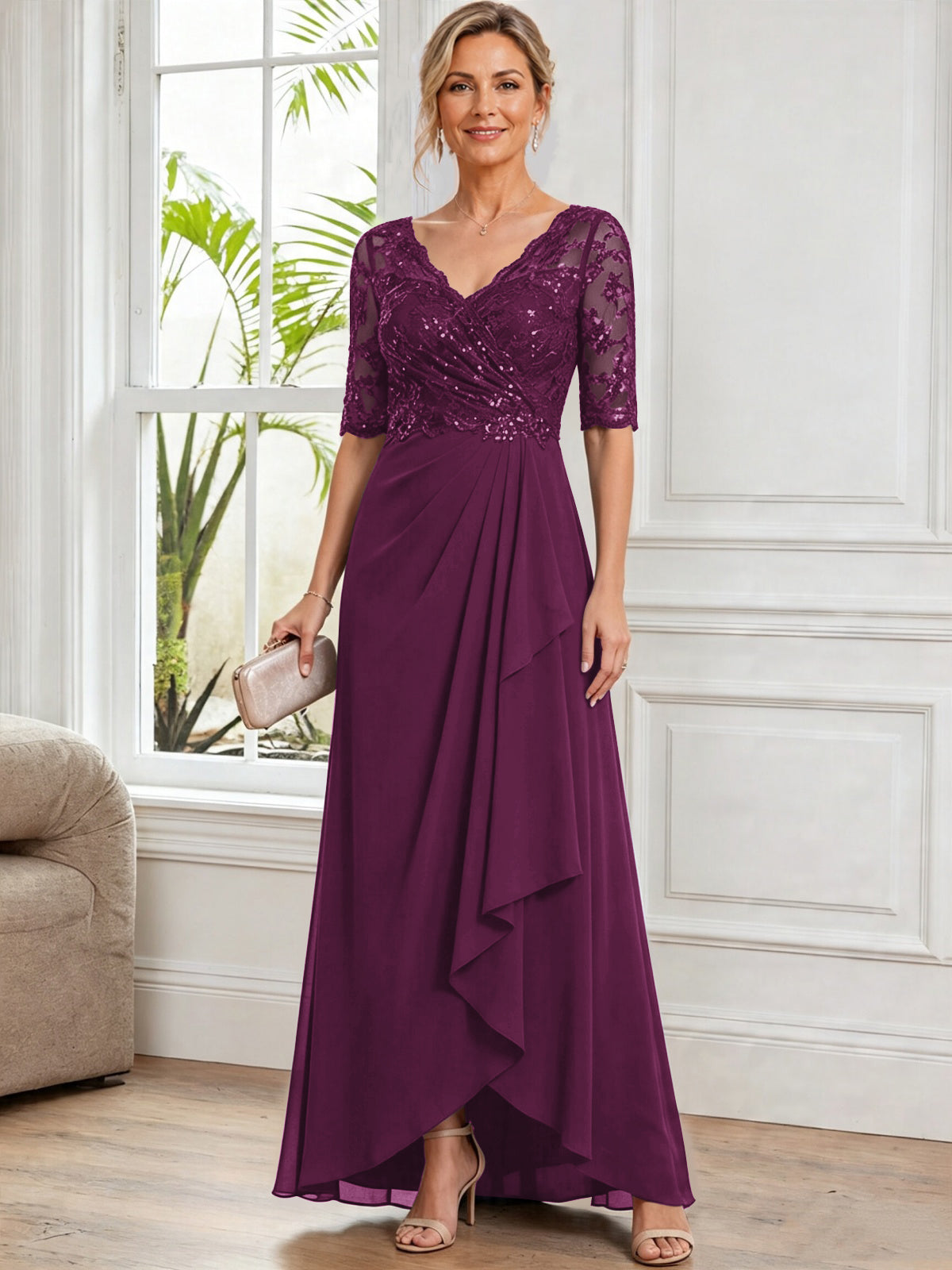 V Neck Half Sleeve Lace Applique Chiffon Mother of The Bride Dress