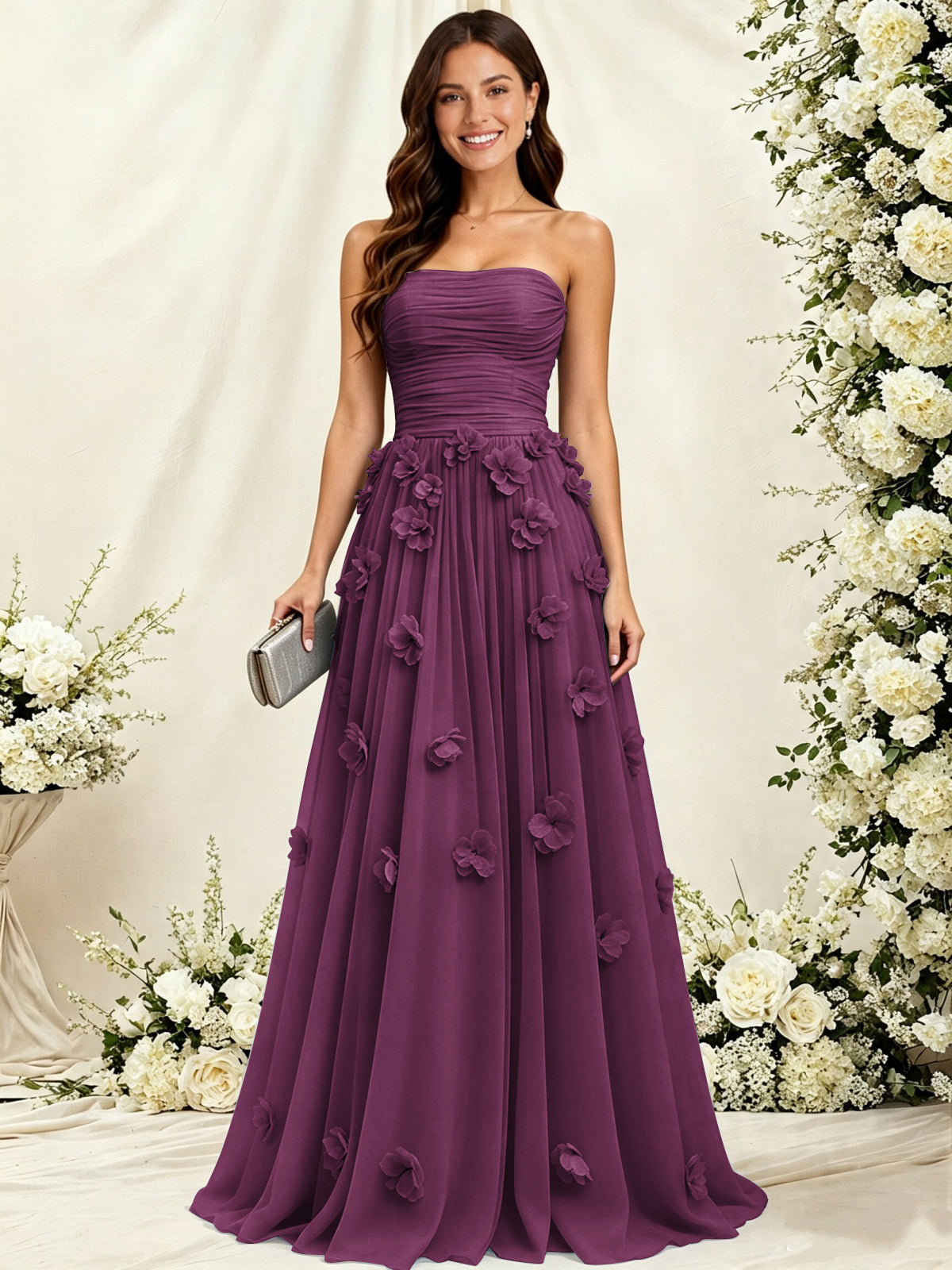 A-Line Strapless Pleated Tulle Bridesmaid Dress with 3D Floral Appliques