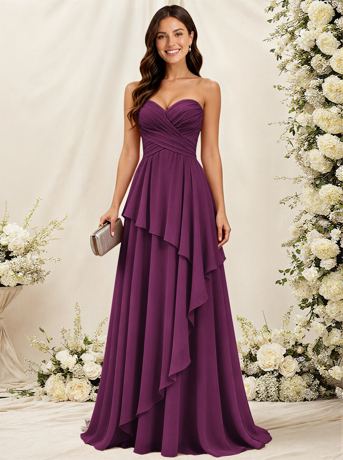 Strapless Sweetheart Neck Chiffon Bridesmaid Dress with Tiered Ruffles