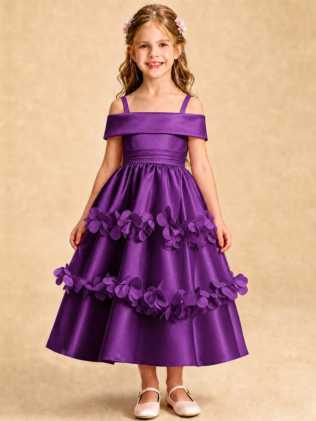 Blush Pink 3D Floral Satin Off Shoulder Flower Girl Dress