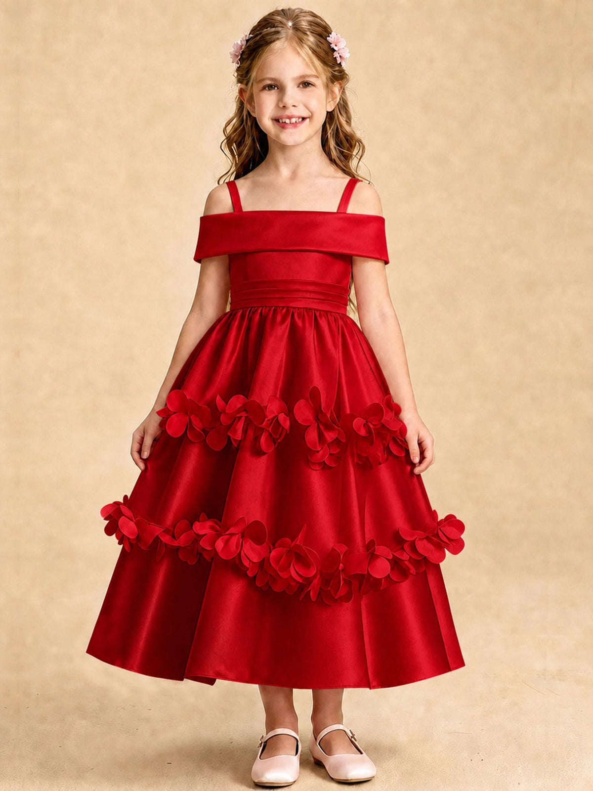 Blush Pink 3D Floral Satin Off Shoulder Flower Girl Dress