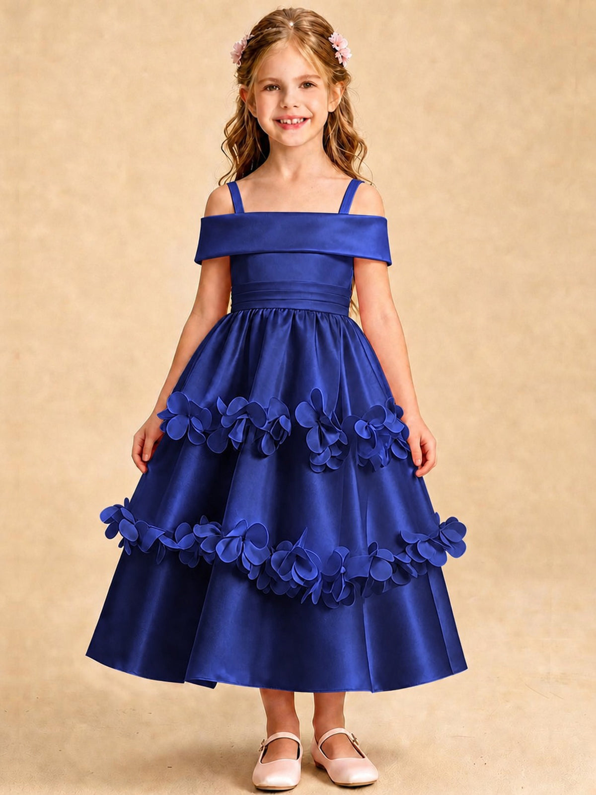 Blush Pink 3D Floral Satin Off Shoulder Flower Girl Dress