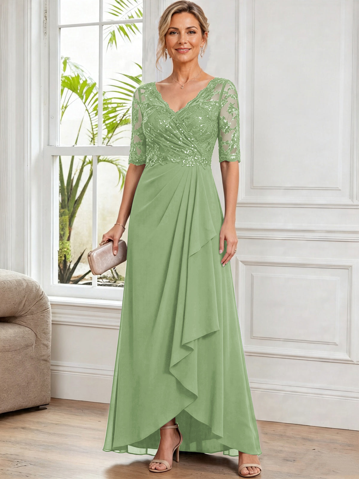 V Neck Half Sleeve Lace Applique Chiffon Mother of The Bride Dress