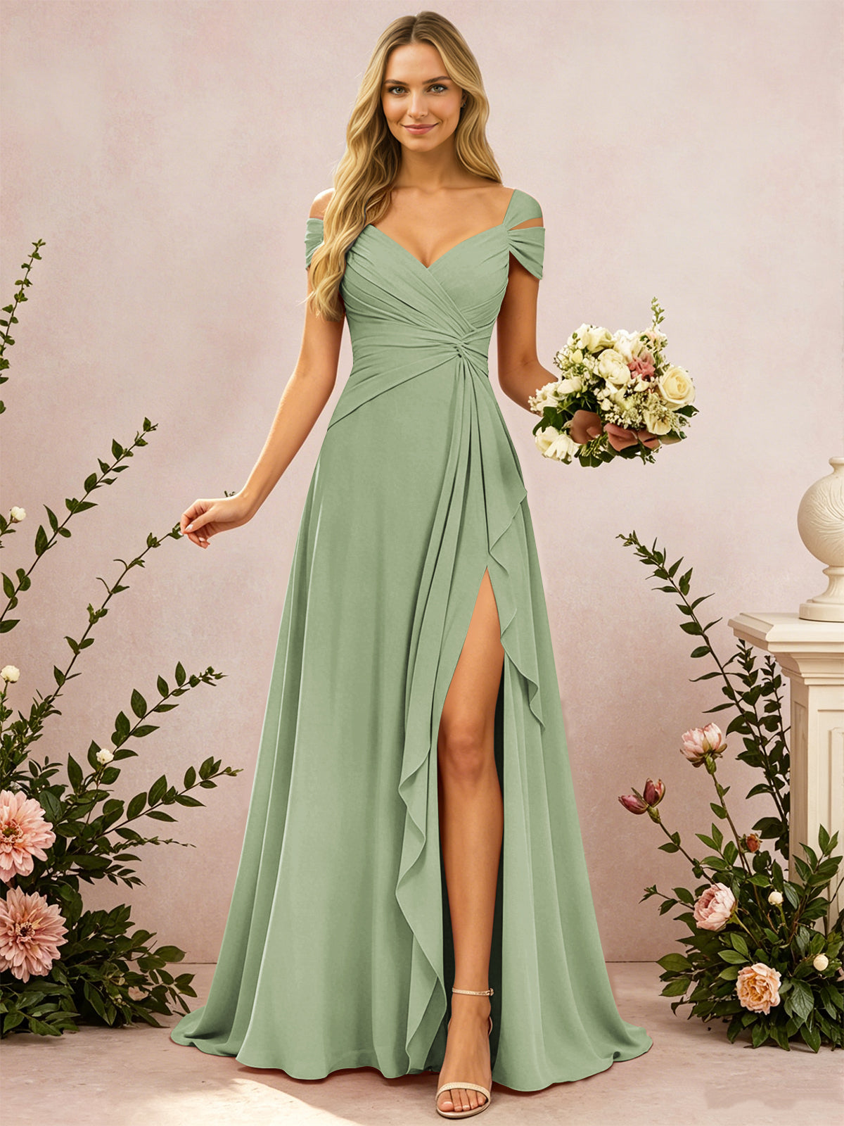 Cold Shoulder Pleated Chiffon Bridesmaid Dress with Side Slit