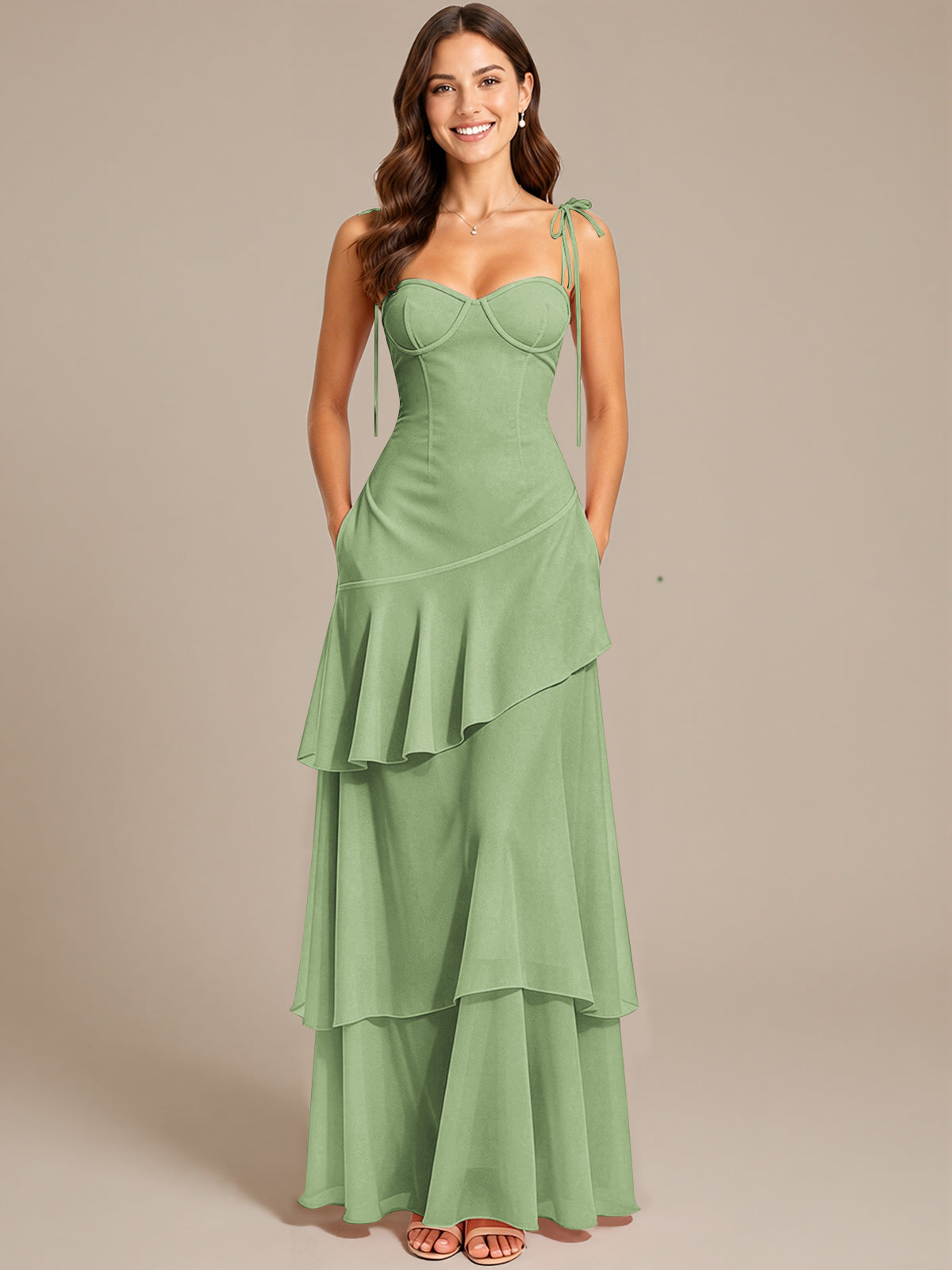 Spaghetti Strap Tiered Ruffles Chiffon Prom Dress