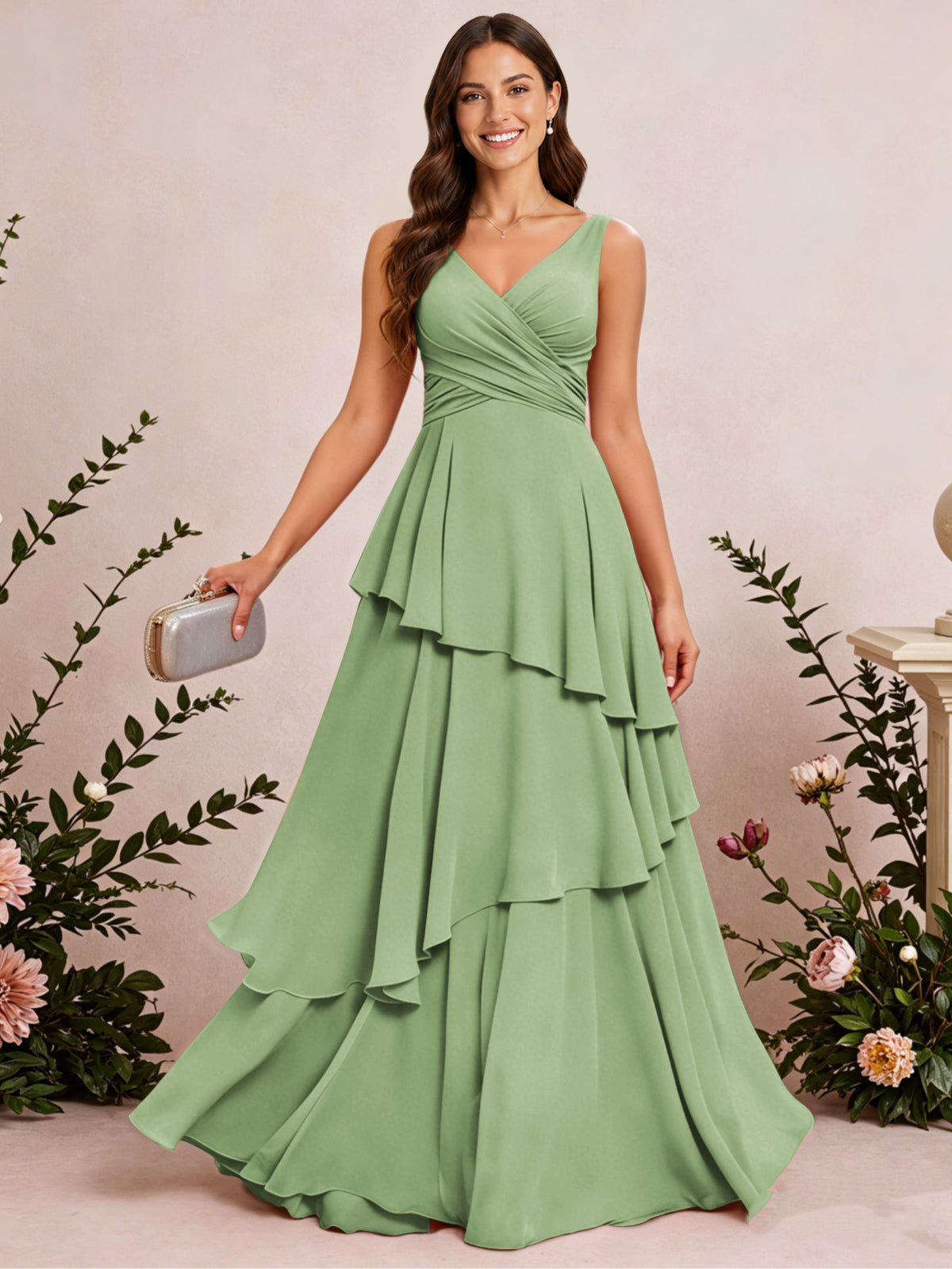 V Neck Tiered Ruffles Chiffon Long Bridesmaid Dress