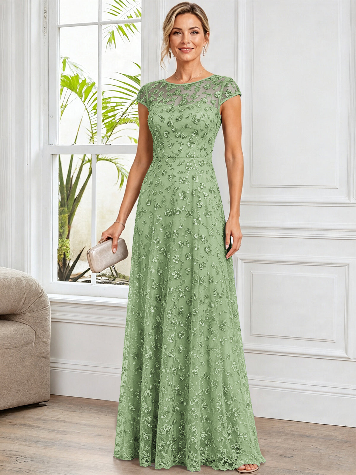 A-Line Illusion Scoop Neck Tulle Mother of The Bride Dress with Beads
