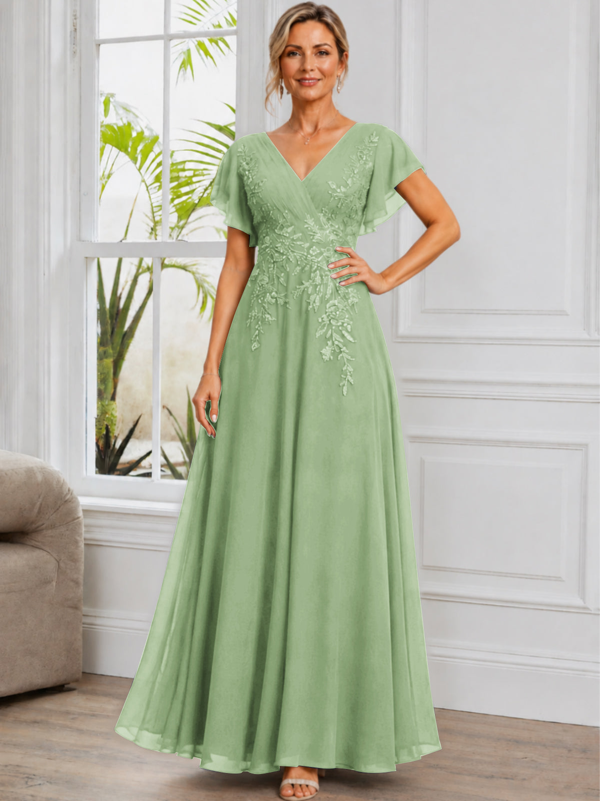 V-Neck Lace Applique Chiffon Long Mother of The Bride Dress