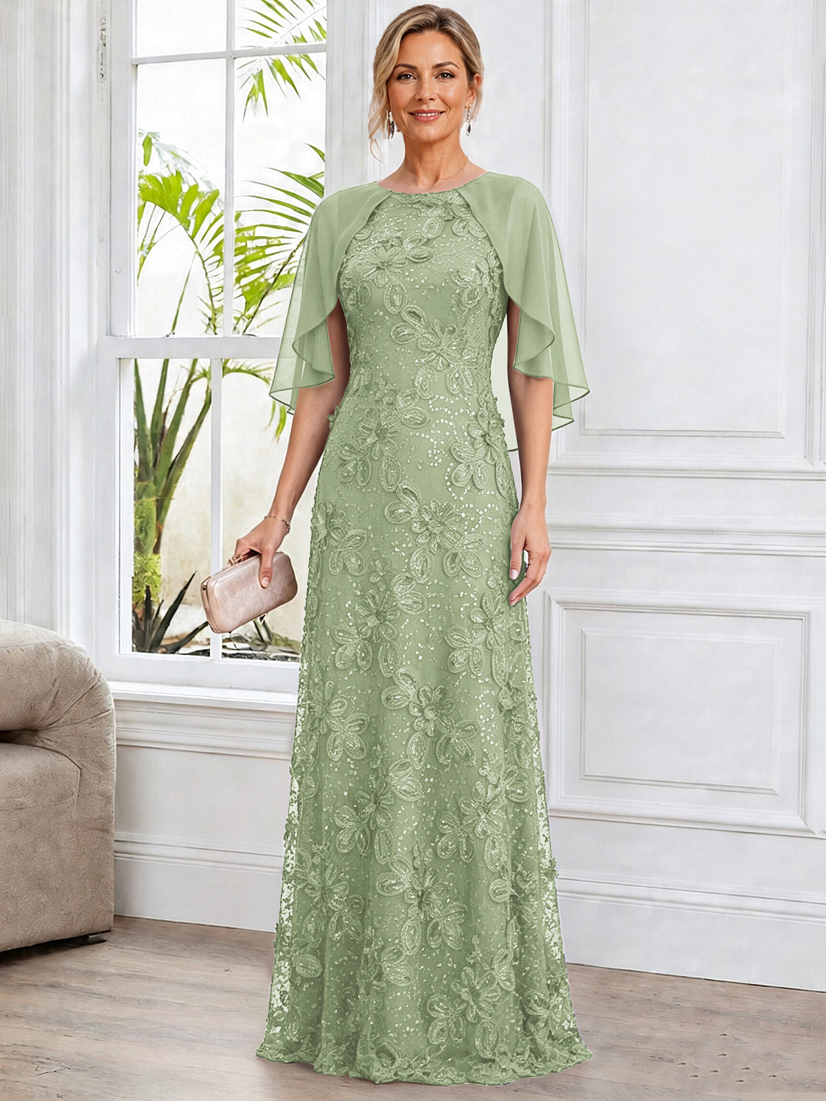 A-Line Lace Applique Scoop Neck Mother of The Bride Dress with Cape