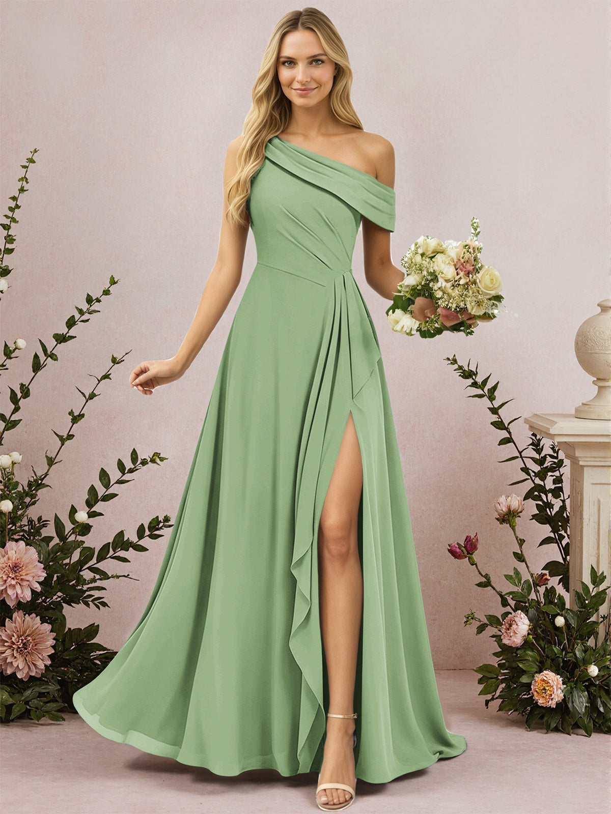 One Shoulder A-Line Chiffon Bridesmaid Dress with Slit