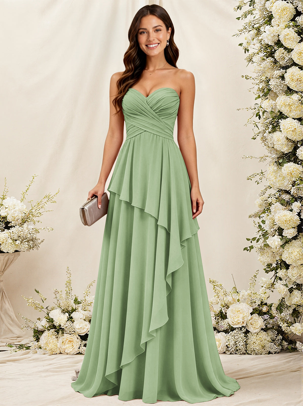 Strapless Sweetheart Neck Chiffon Bridesmaid Dress with Tiered Ruffles