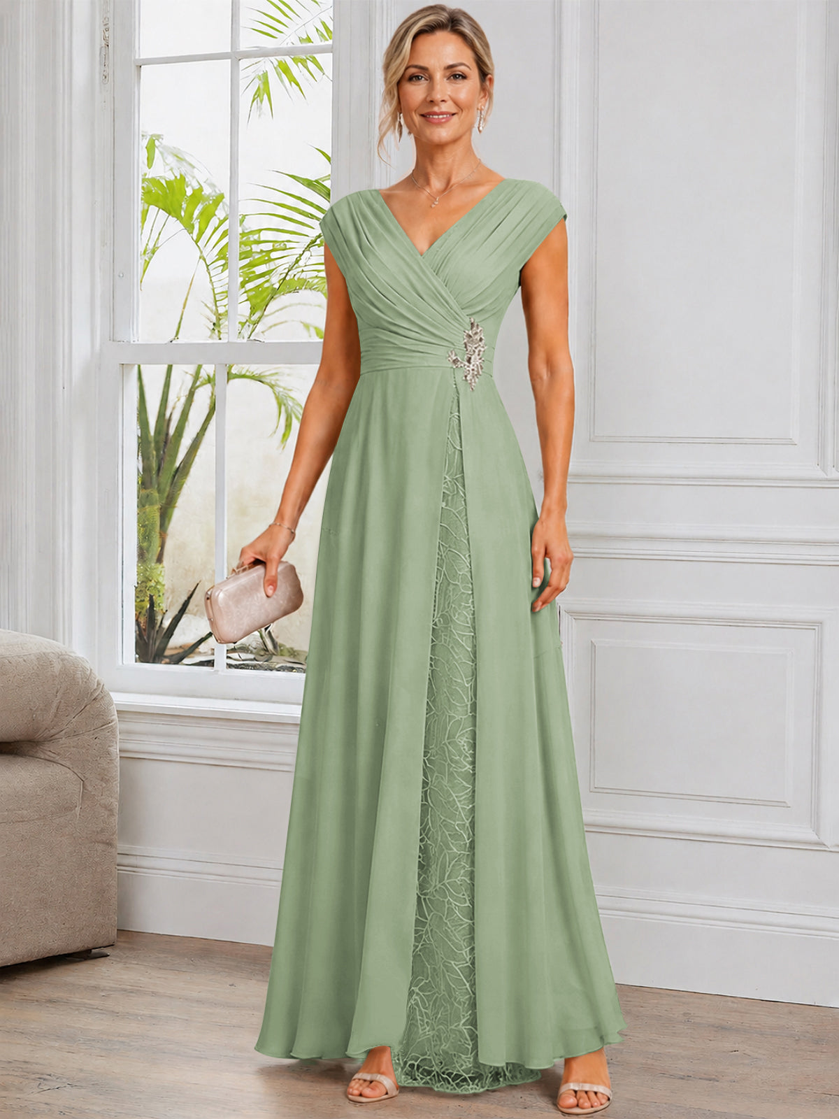 Cap Sleeve Leaf Lace Chiffon Long Mother of The Bride Dress with Beads