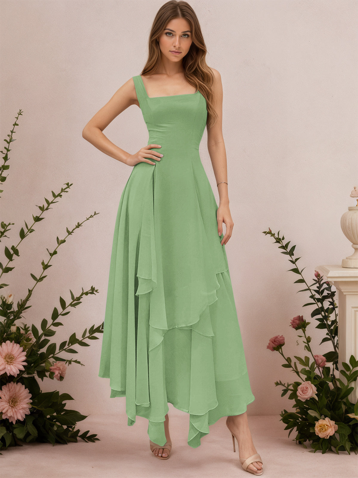A-Line Tiered Ruffles Chiffon Bridesmaid Dress