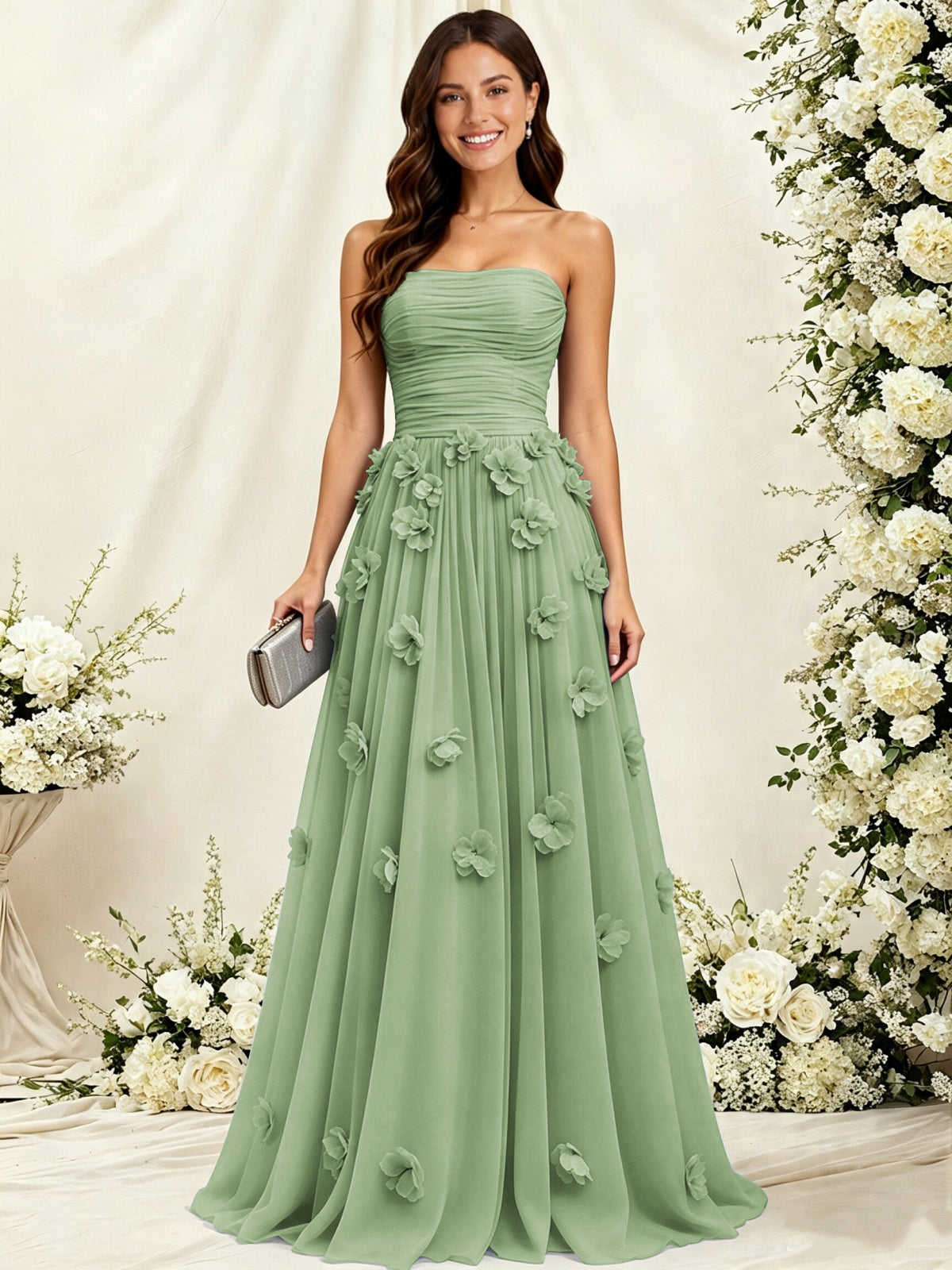 A-Line Strapless Pleated Tulle Bridesmaid Dress with 3D Floral Appliques