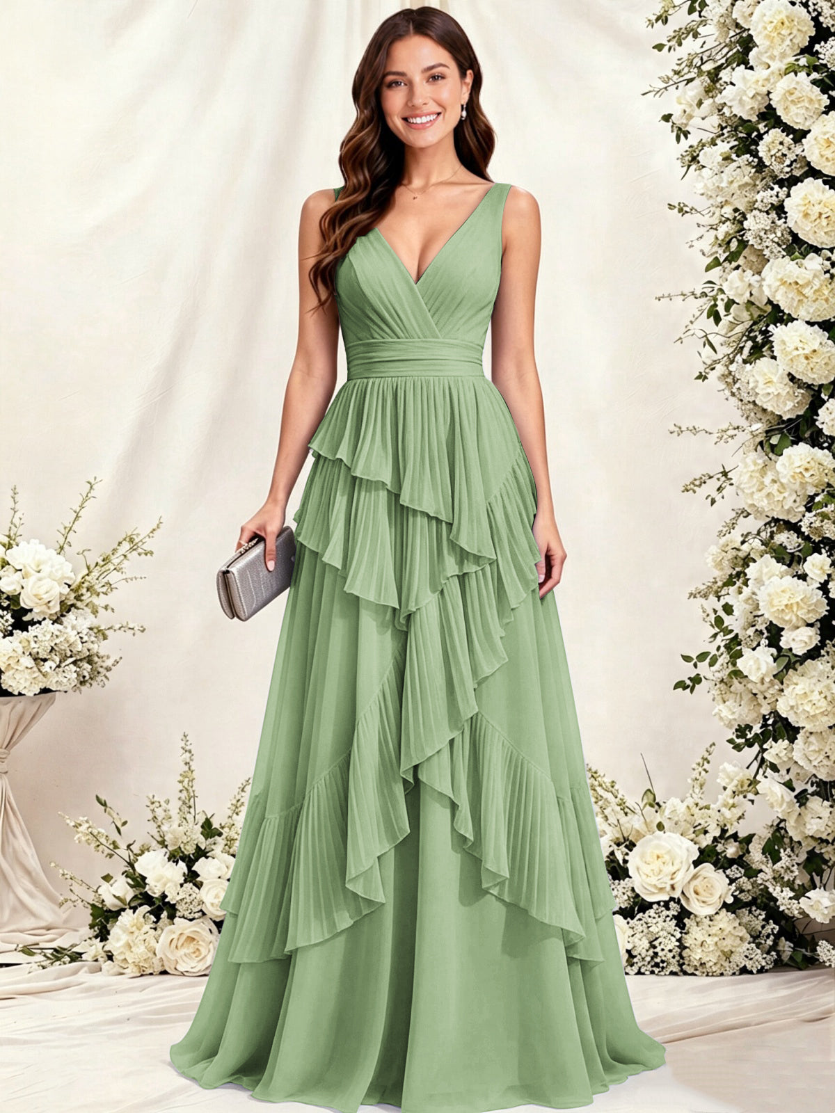 V Neck Tiered Ruffles A-Line Chiffon Bridesmaid Dress