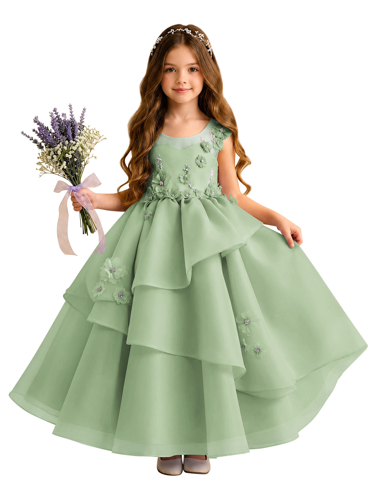 Lilac Oganza Flower Girl Dress with Sweetheart Neckline