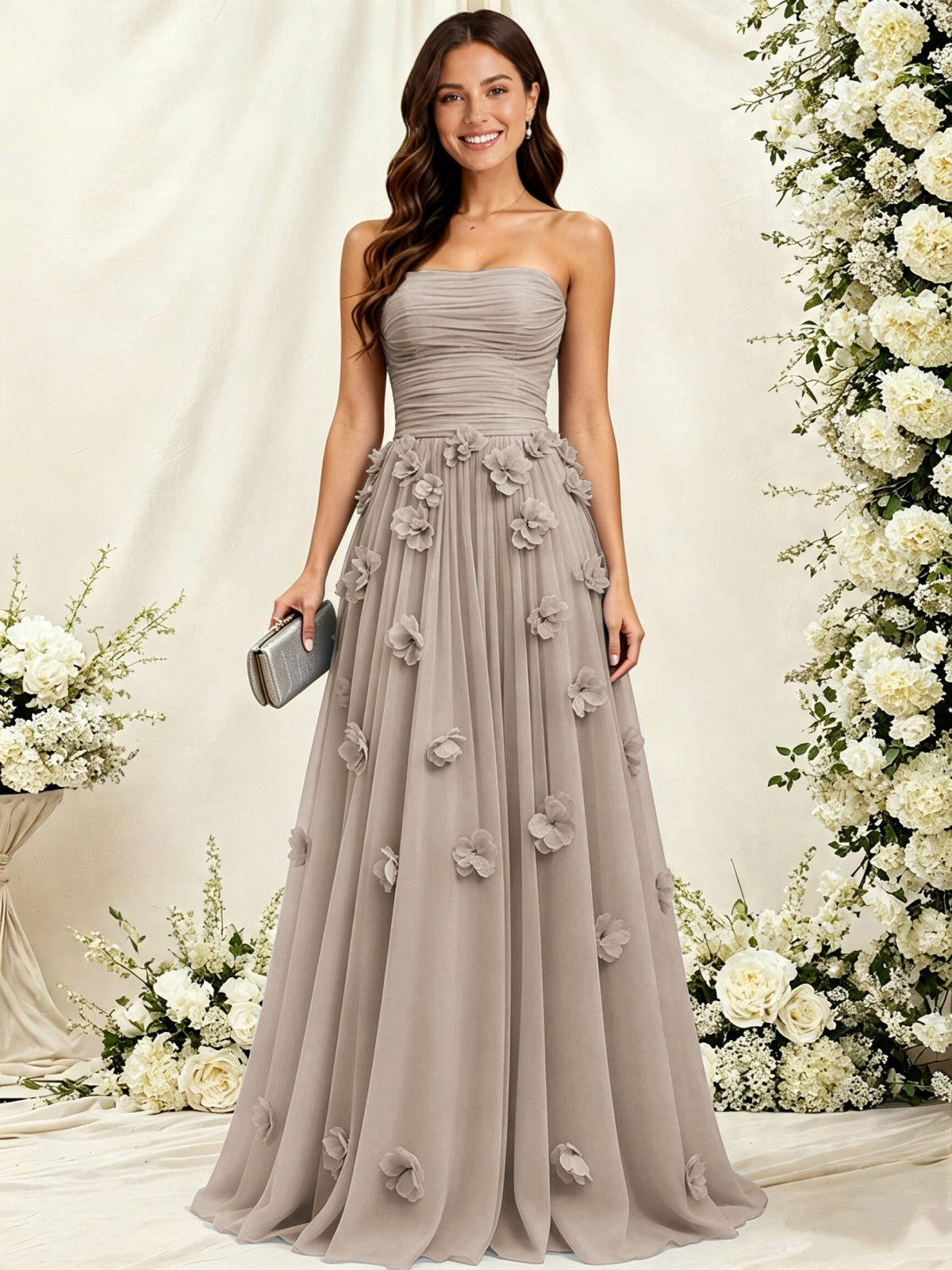 A-Line Strapless Pleated Tulle Bridesmaid Dress with 3D Floral Appliques