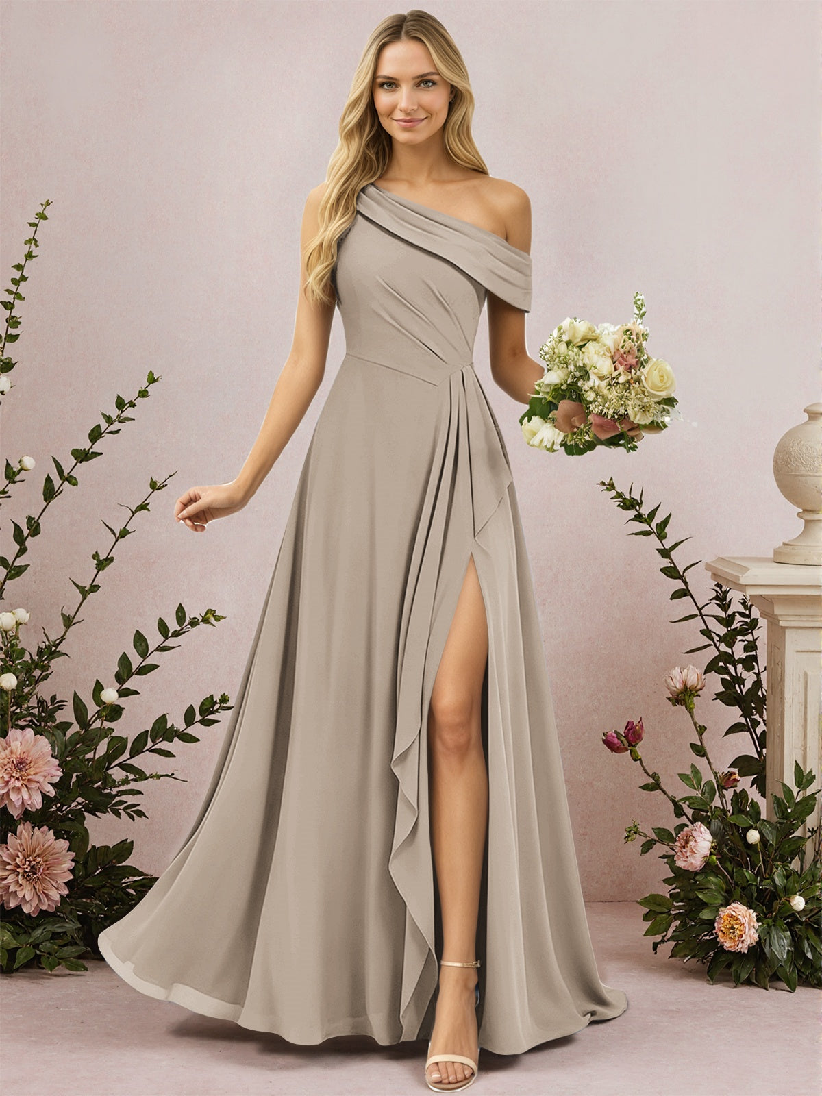One Shoulder A-Line Chiffon Bridesmaid Dress with Slit