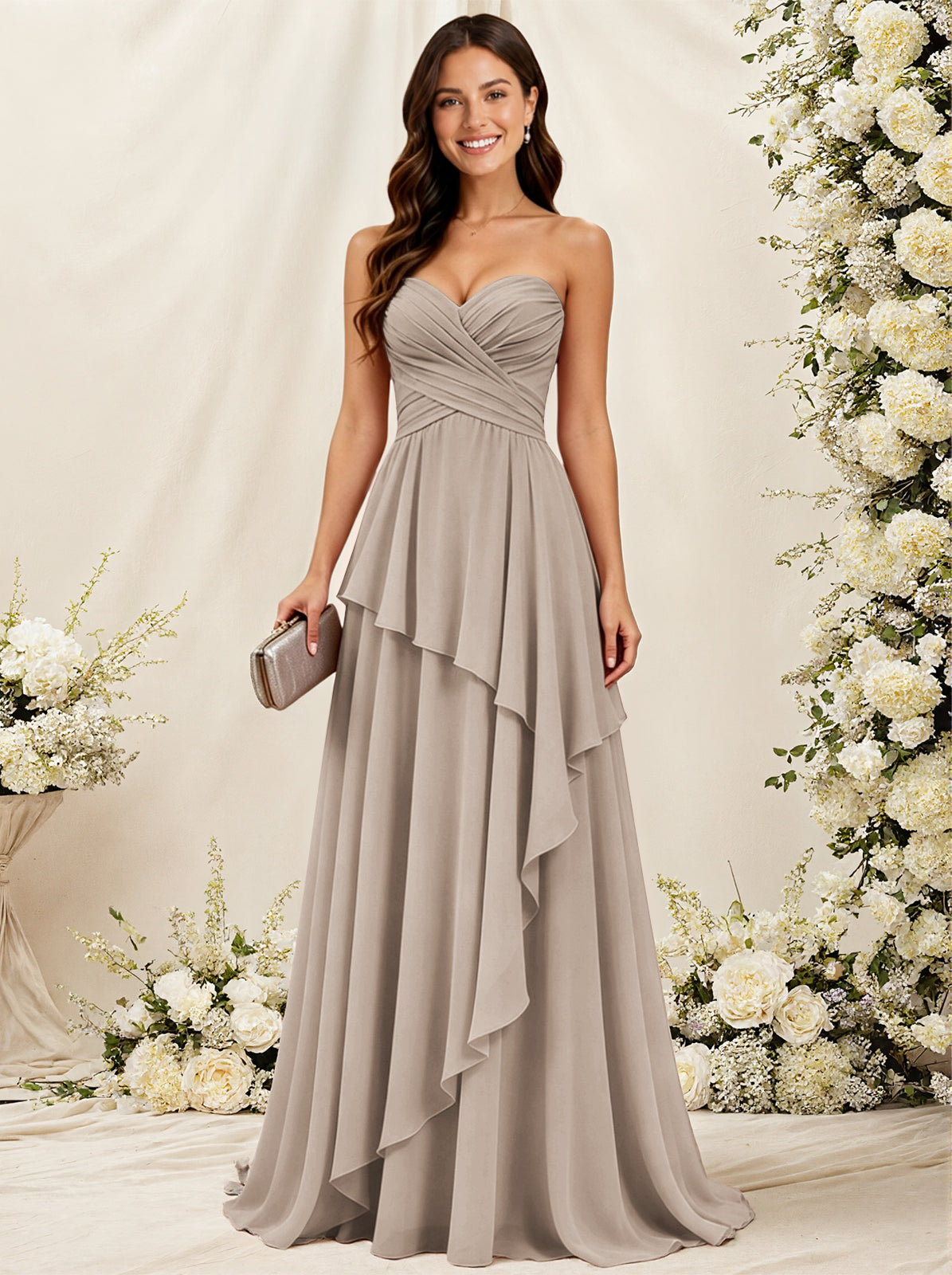 Strapless Sweetheart Neck Chiffon Bridesmaid Dress with Tiered Ruffles