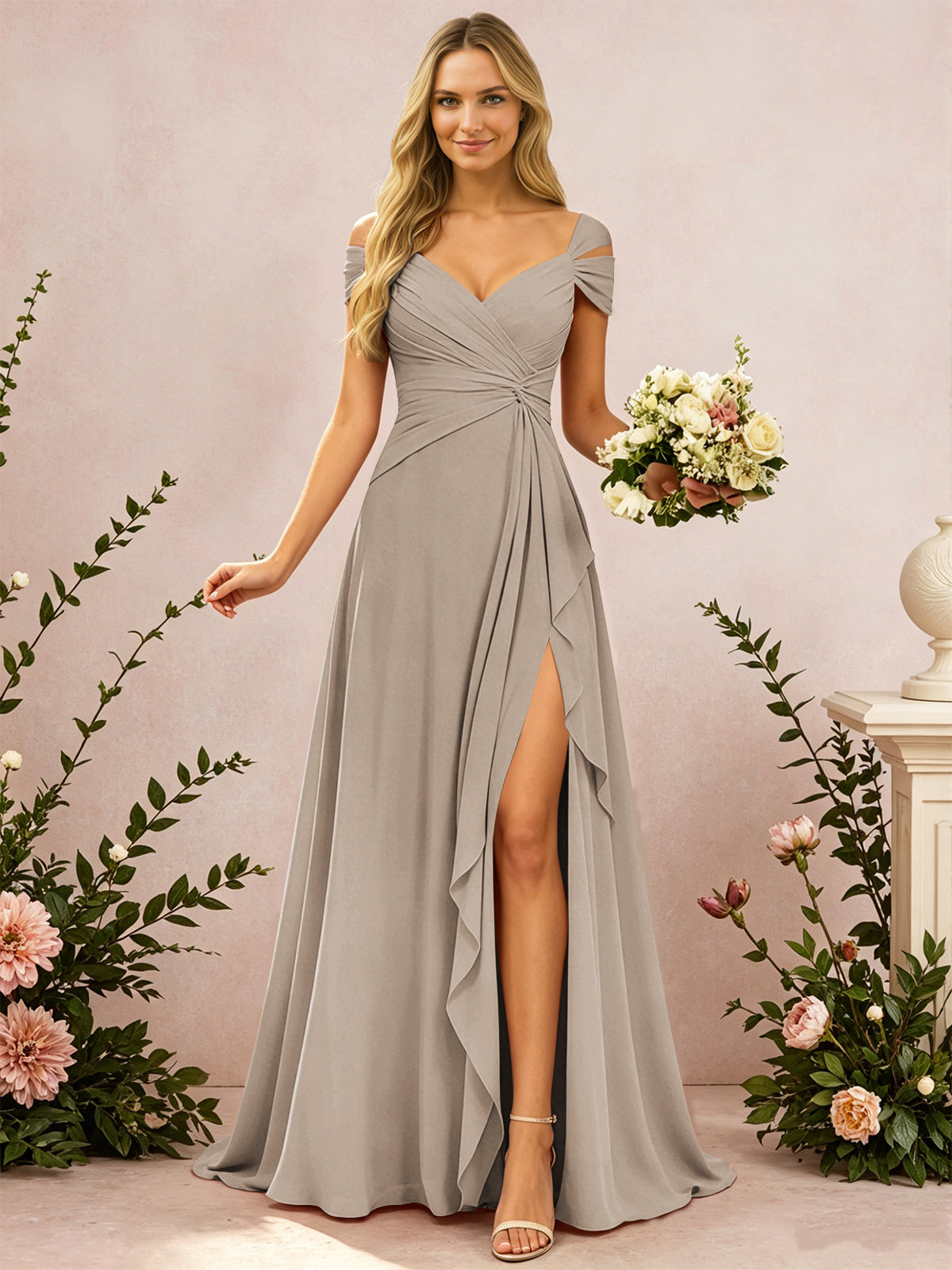 Cold Shoulder Pleated Chiffon Bridesmaid Dress with Side Slit