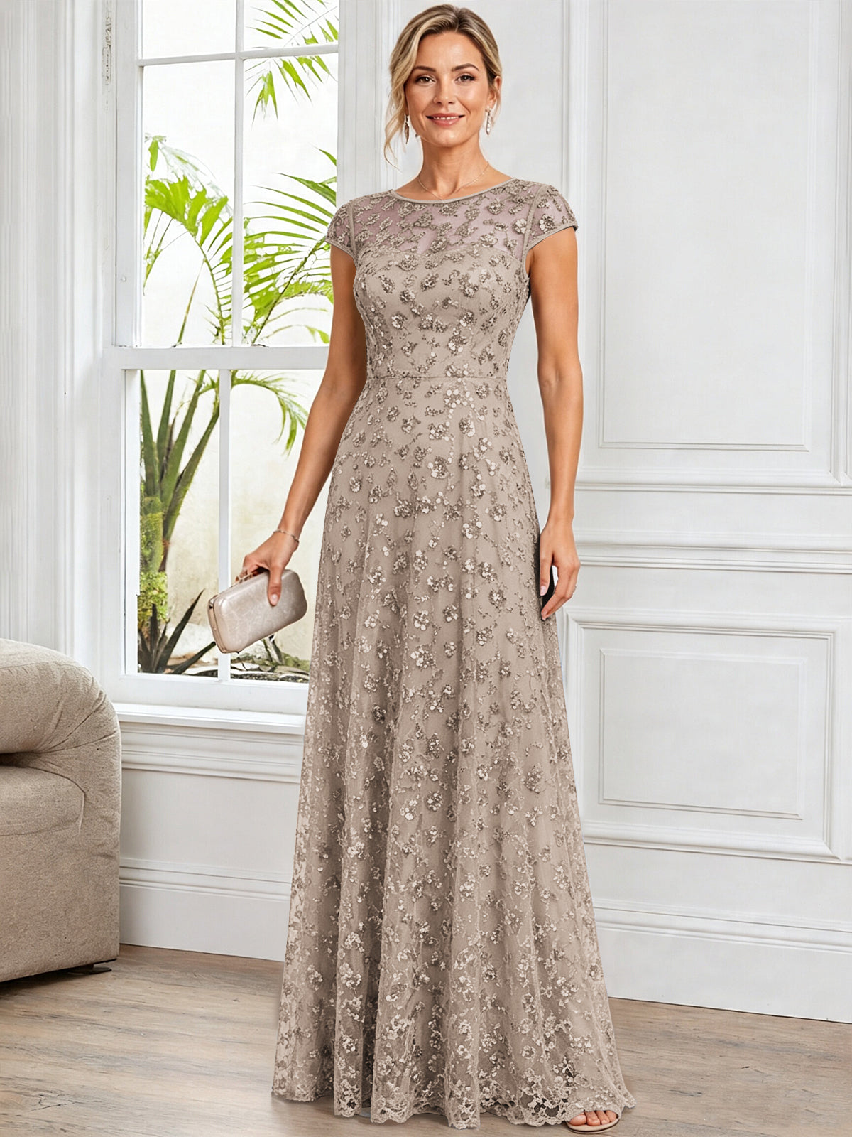A-Line Illusion Scoop Neck Tulle Mother of The Bride Dress with Beads
