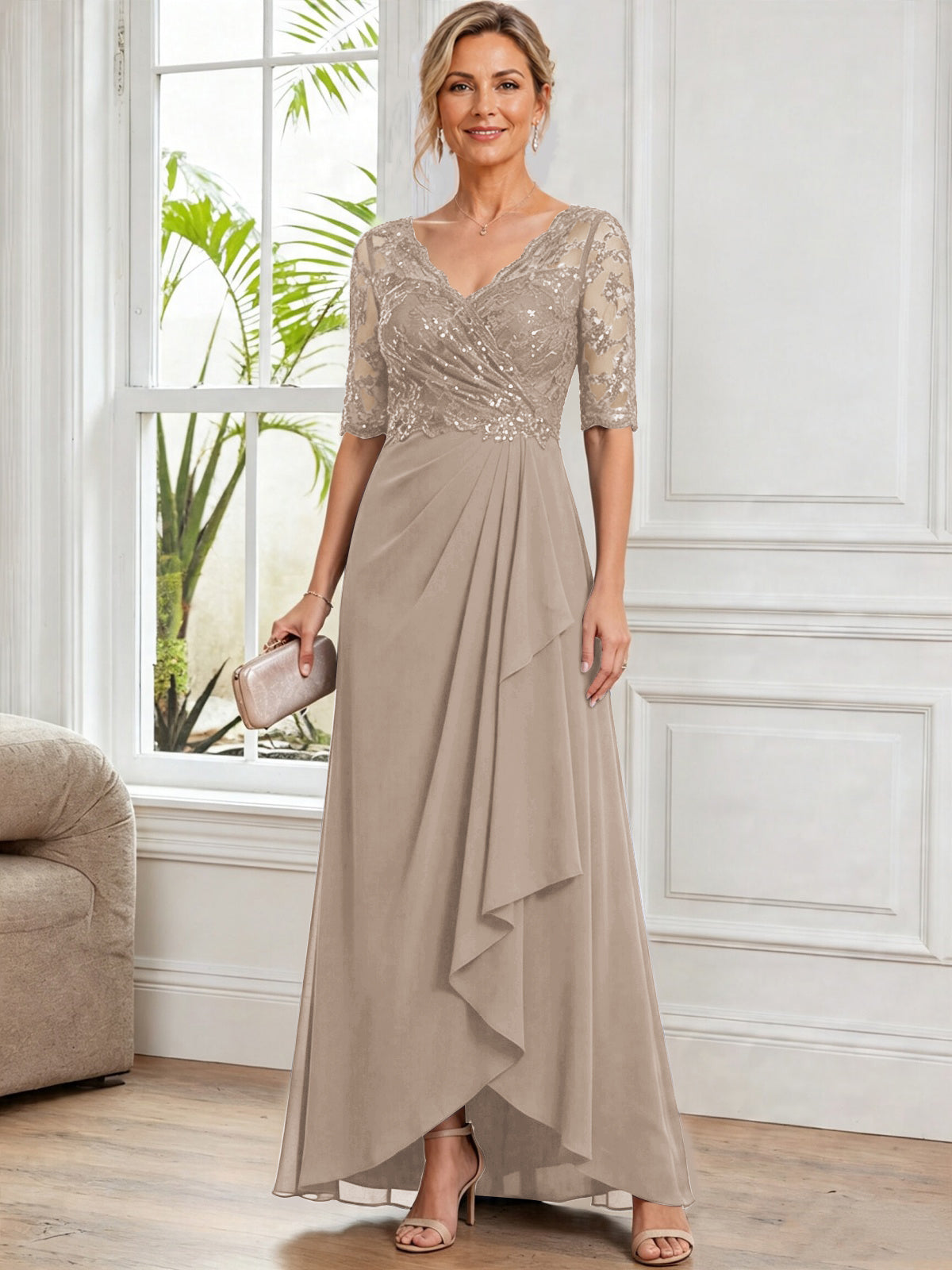 V Neck Half Sleeve Lace Applique Chiffon Mother of The Bride Dress