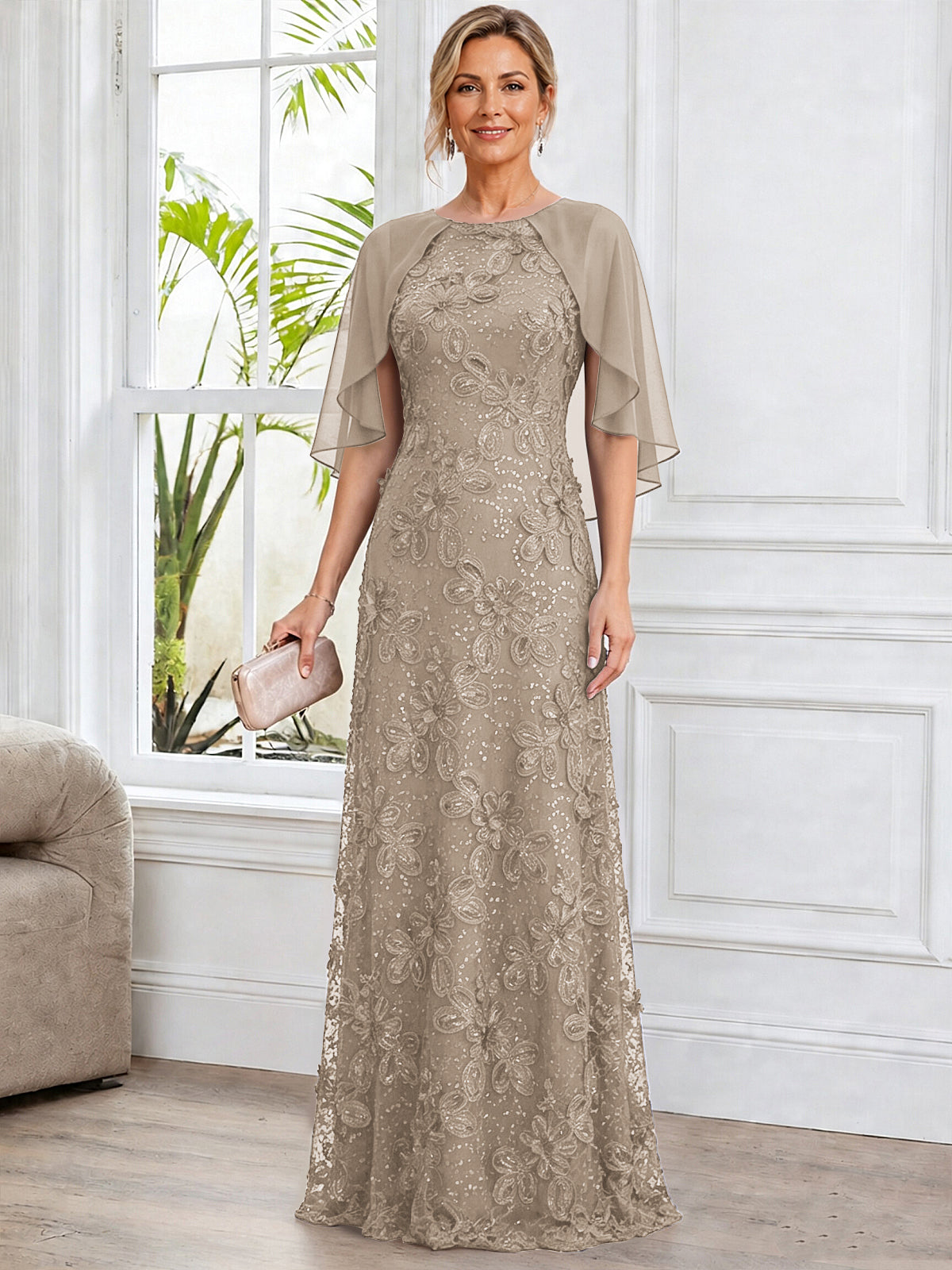 A-Line Lace Applique Scoop Neck Mother of The Bride Dress with Cape