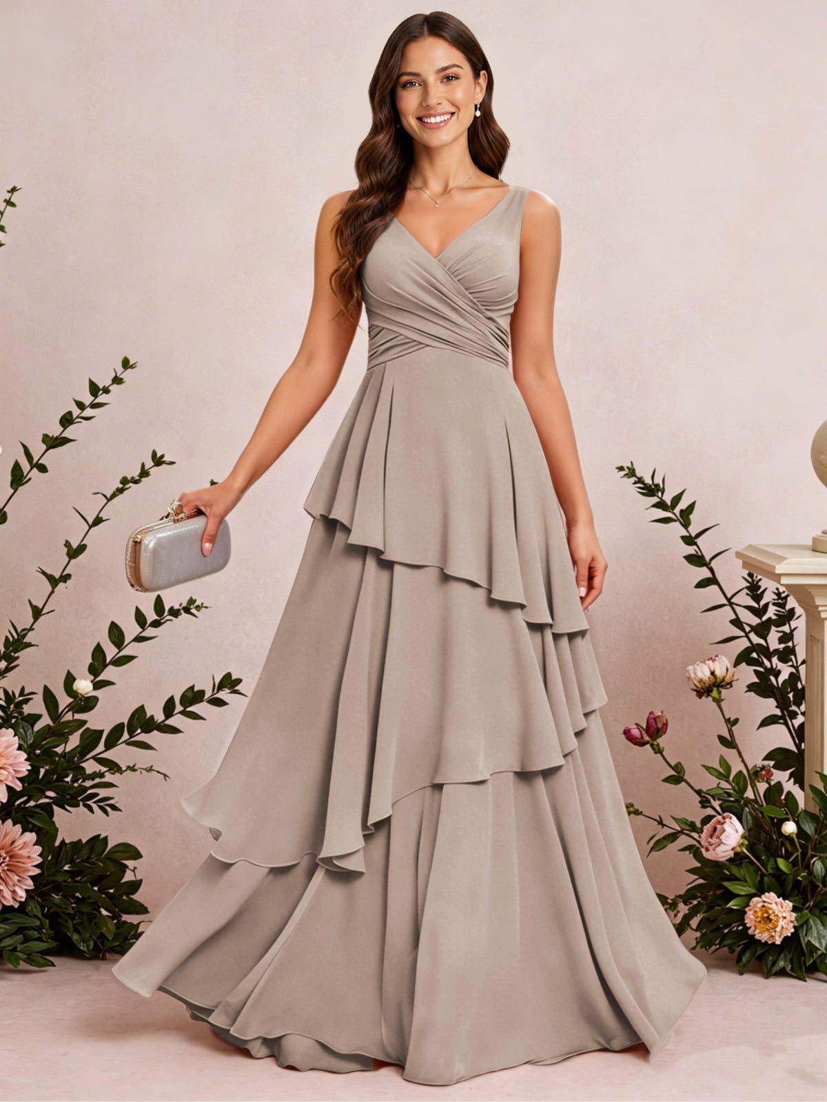 V Neck Tiered Ruffles Chiffon Long Bridesmaid Dress