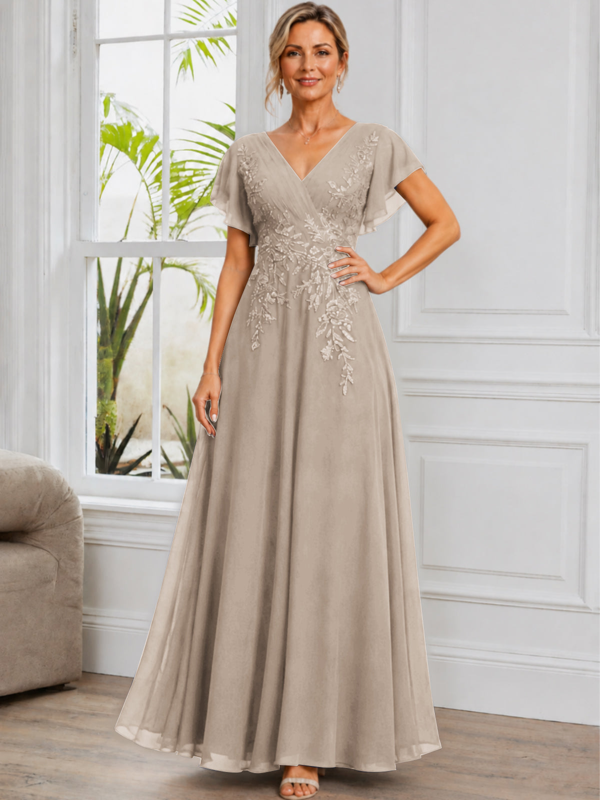 V-Neck Lace Applique Chiffon Long Mother of The Bride Dress