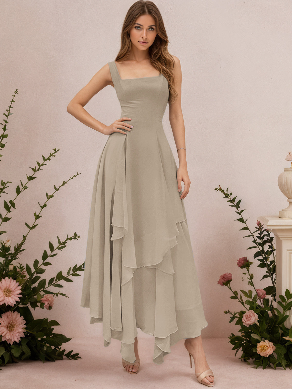 A-Line Tiered Ruffles Chiffon Bridesmaid Dress