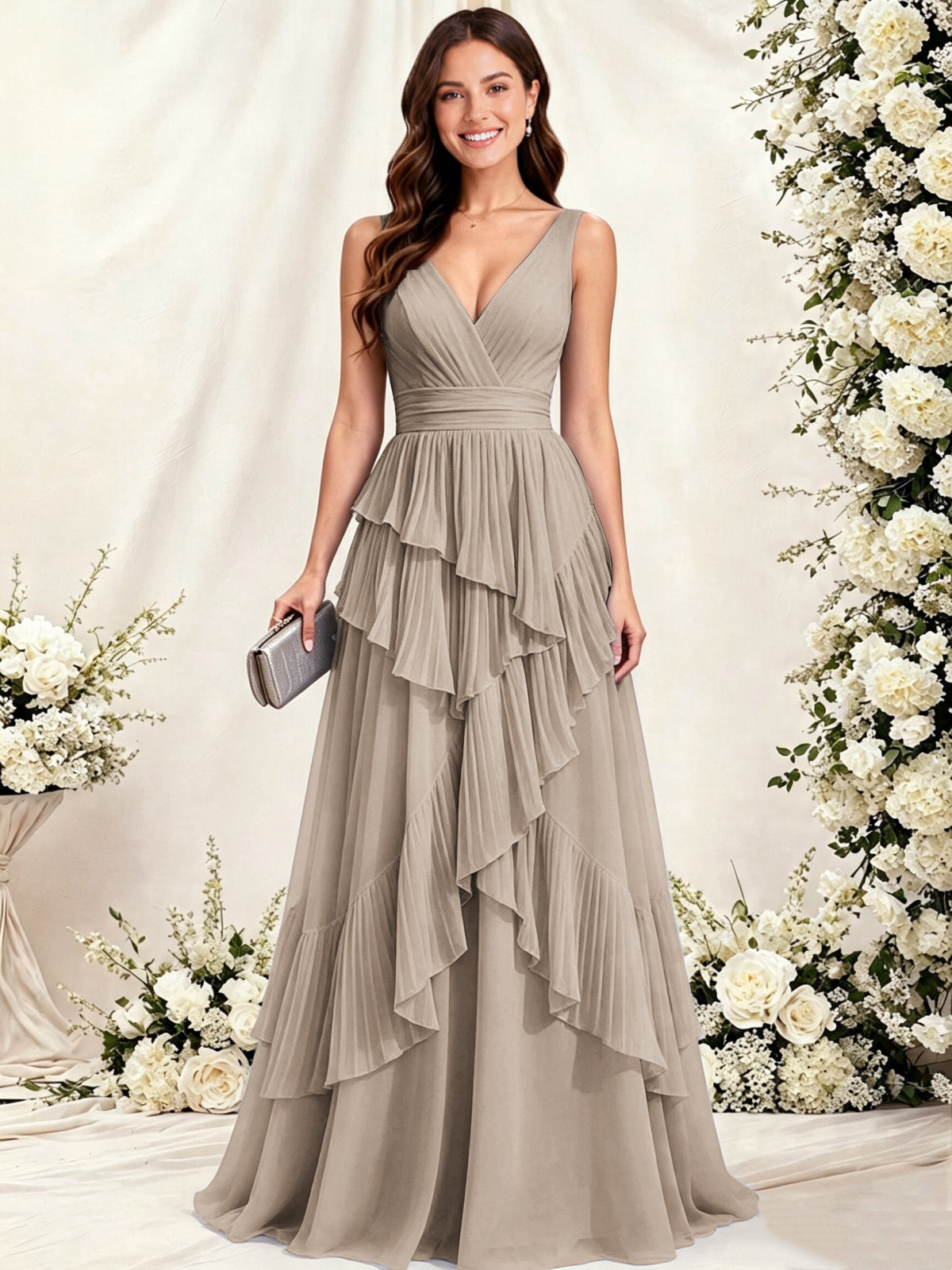 V Neck Tiered Ruffles A-Line Chiffon Bridesmaid Dress