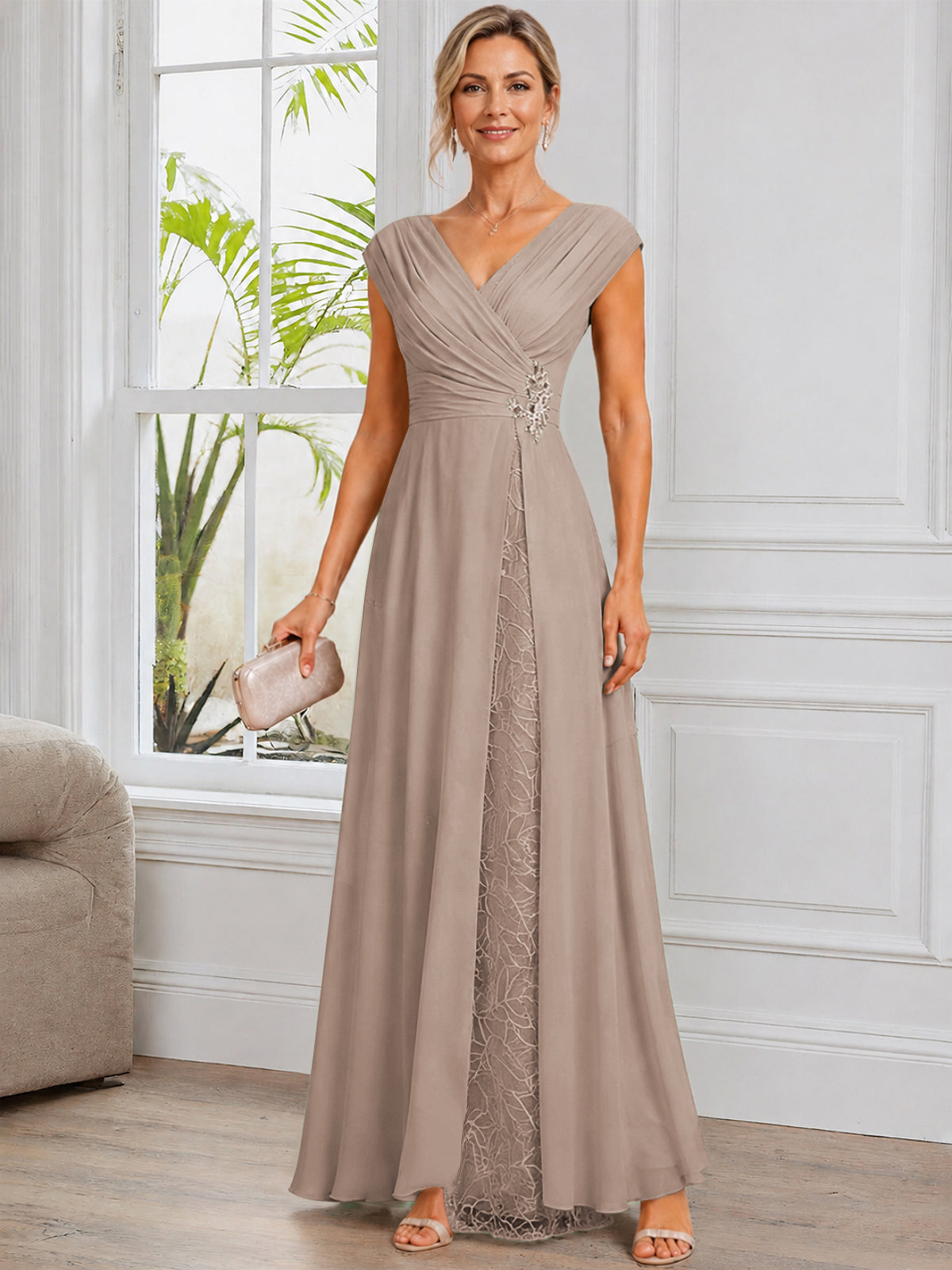 Cap Sleeve Leaf Lace Chiffon Long Mother of The Bride Dress with Beads