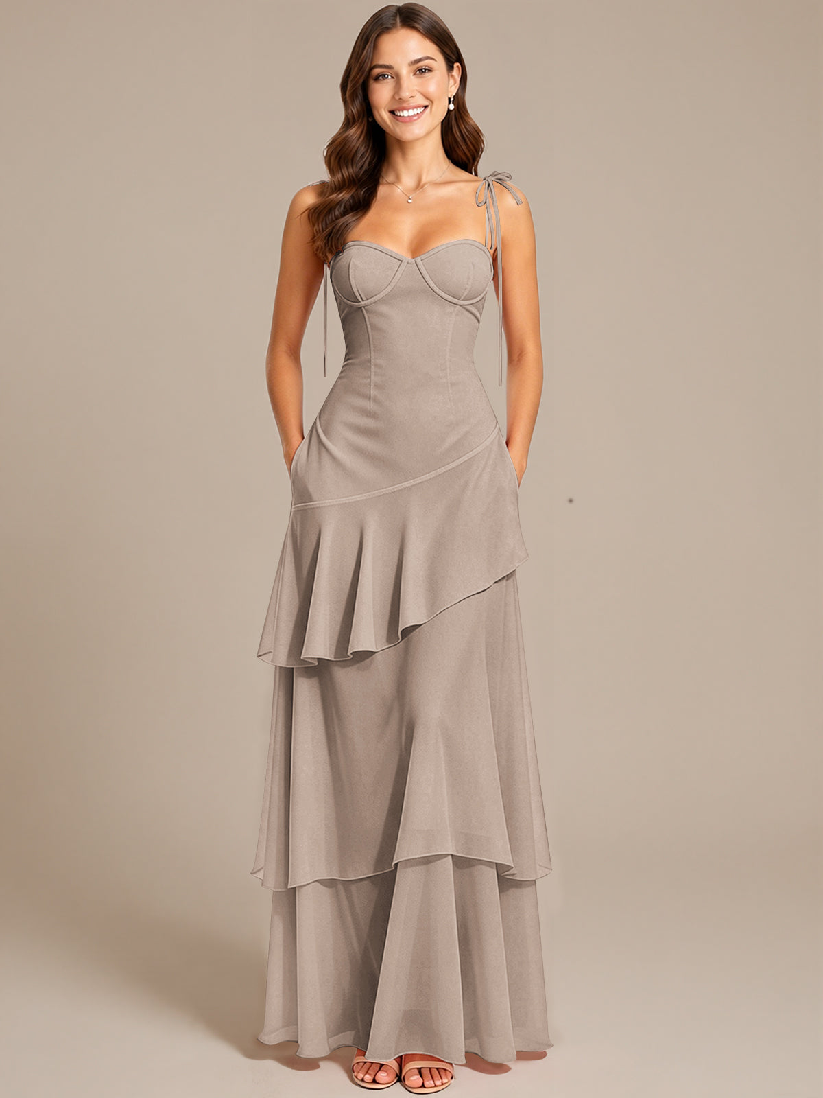 Spaghetti Strap Tiered Ruffles Chiffon Prom Dress