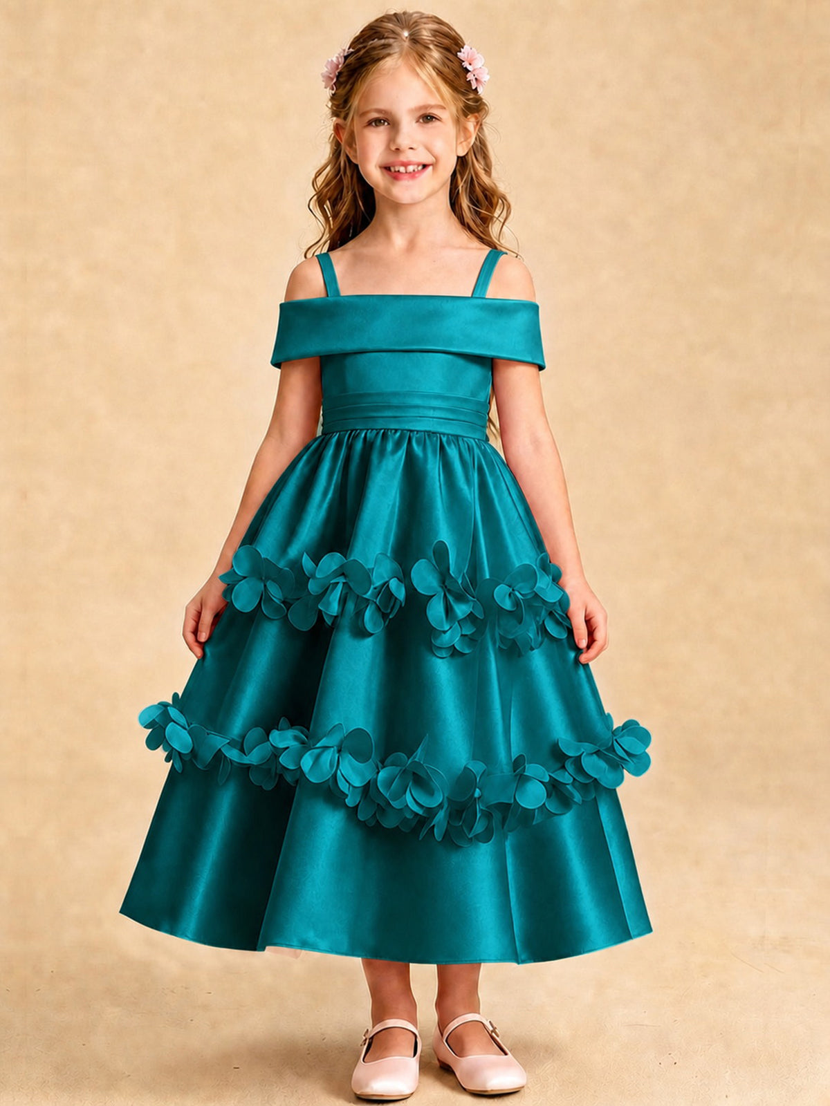 Blush Pink 3D Floral Satin Off Shoulder Flower Girl Dress