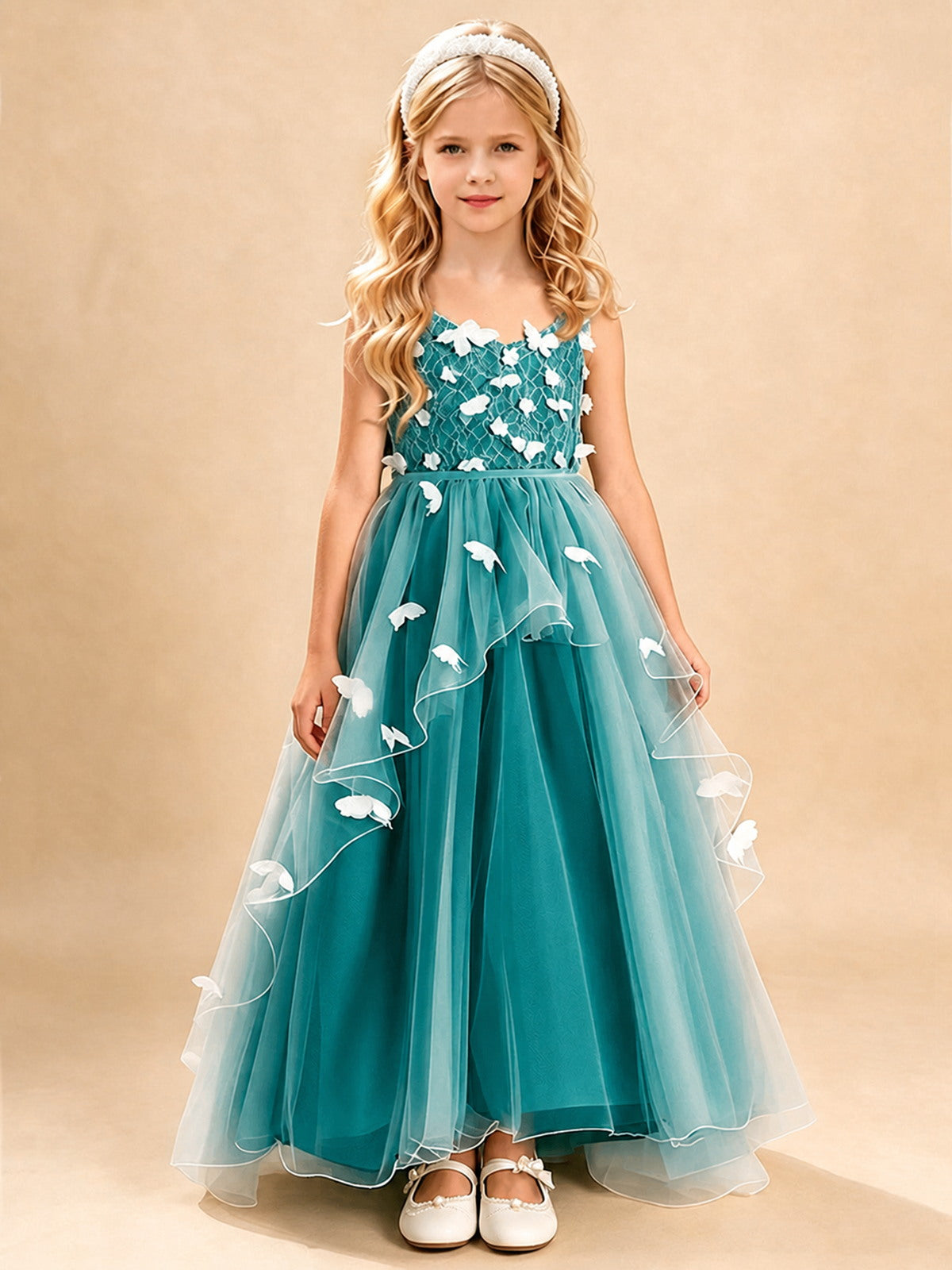 Dusty Sage 3D Floral A-Line Tulle Dress with Lace Trim