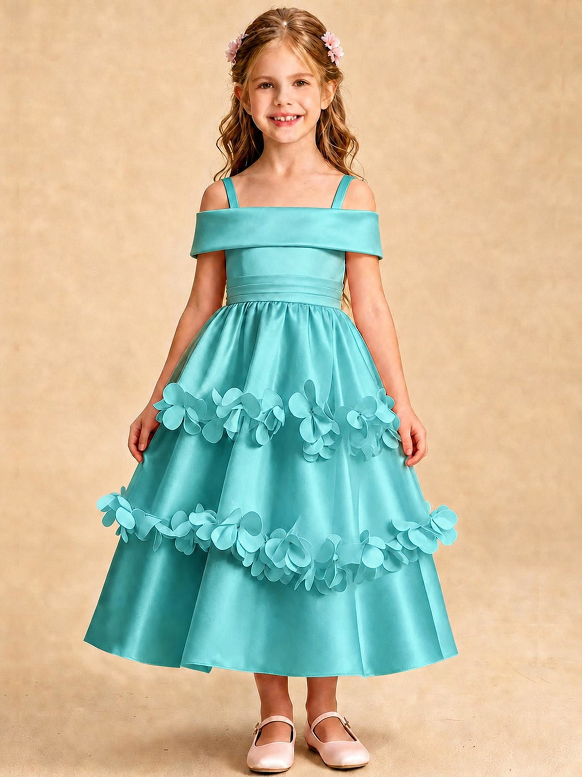 Blush Pink 3D Floral Satin Off Shoulder Flower Girl Dress