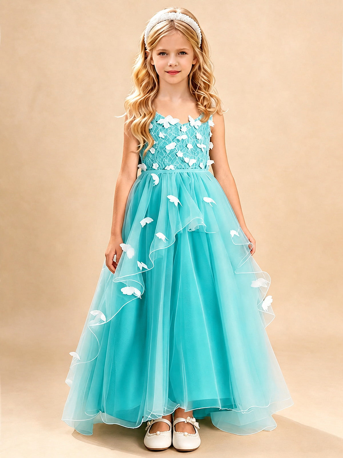 Dusty Sage 3D Floral A-Line Tulle Dress with Lace Trim